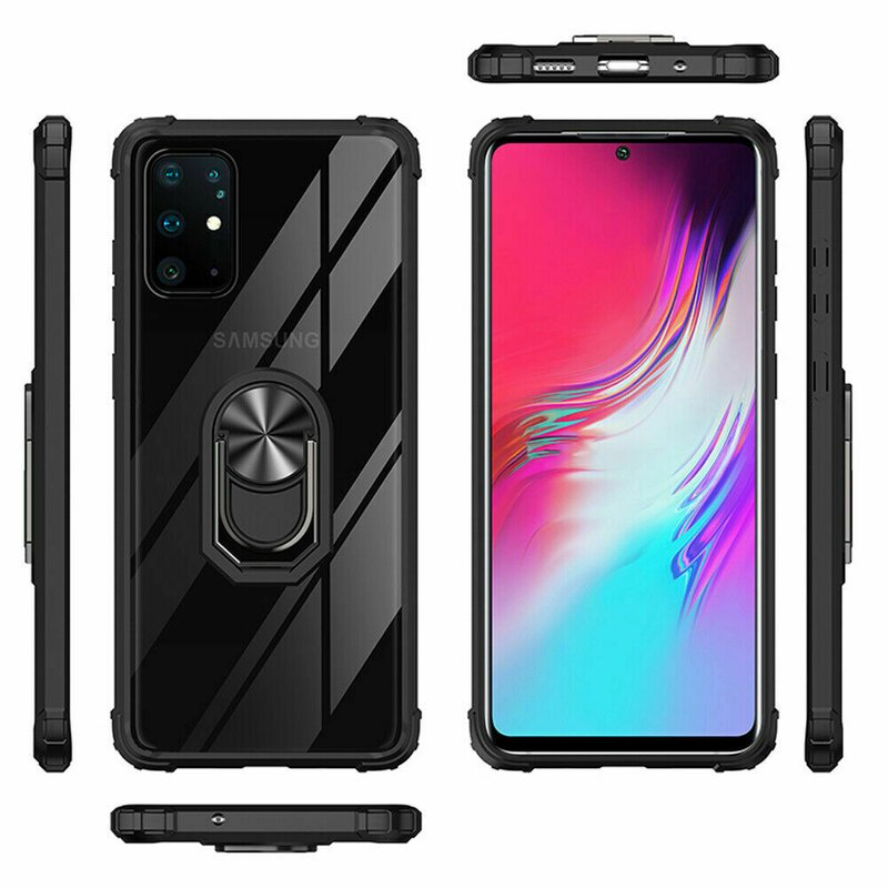 Schwarze Handyhülle mit silbernem Ring. Telefon rechts, rot und schwarz.