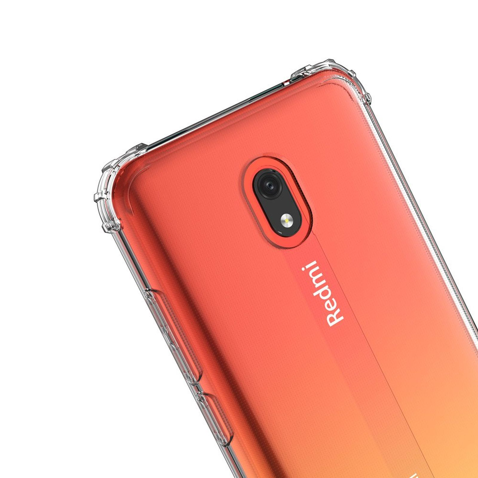 Redmi-Handyhülle, eine transparente Handyhülle mit rotem und orangefarbenem Farbverlauf und einem Kameraobjektiv.