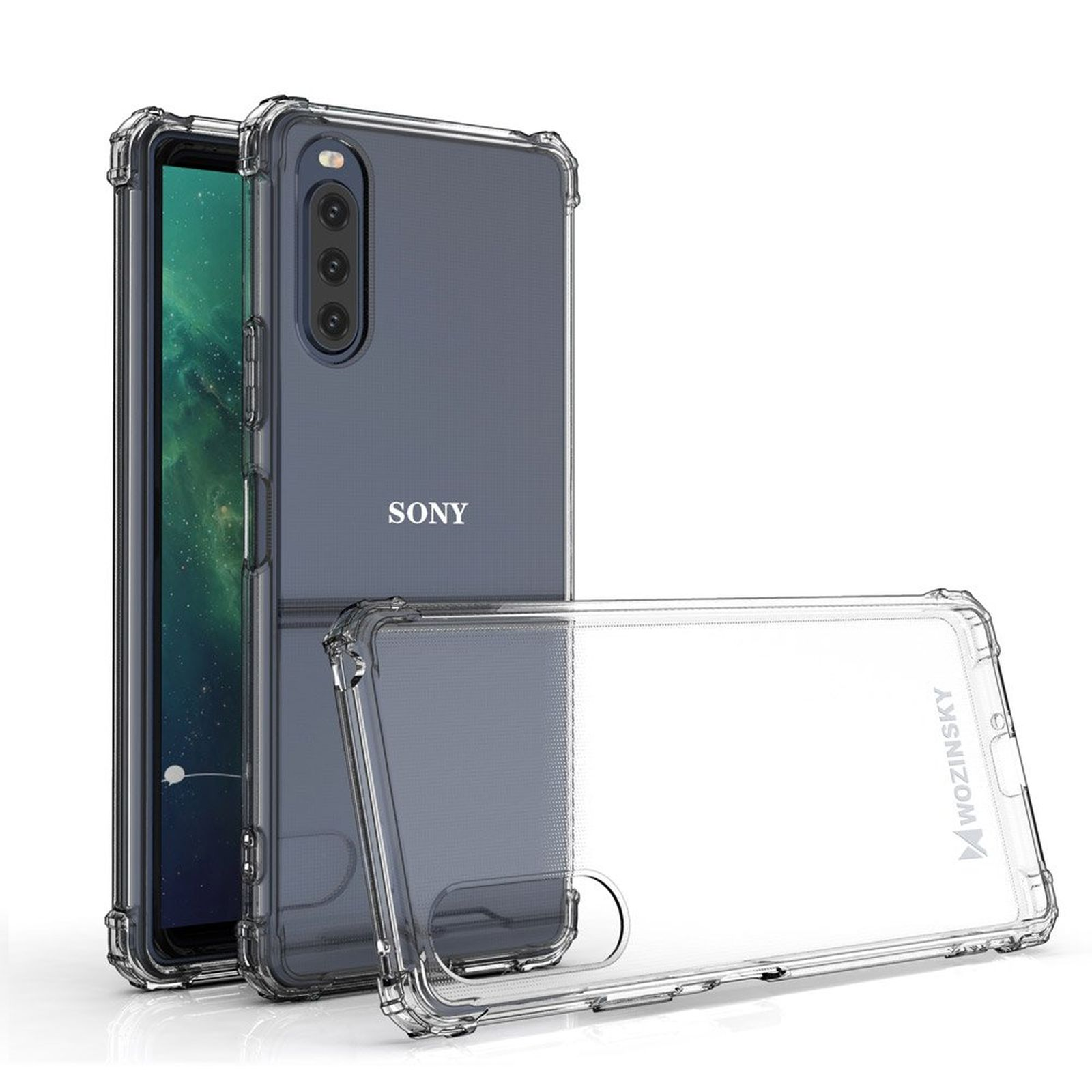 Custodie trasparenti per telefono, con un telefono all'interno. Una custodia è aperta. La parola SONY è visibile.