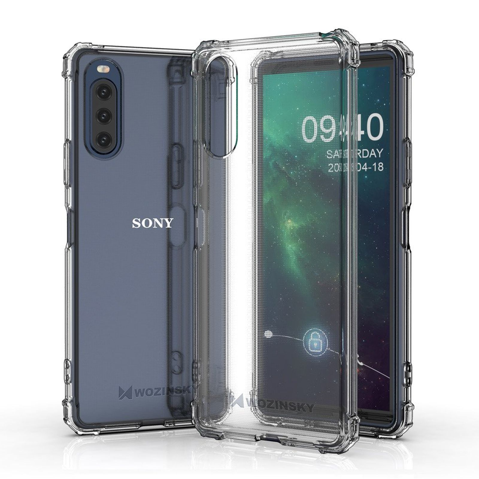 Custodia trasparente per telefono con telefono all'interno. Telefono nero con più fotocamere e il marchio: SONY.