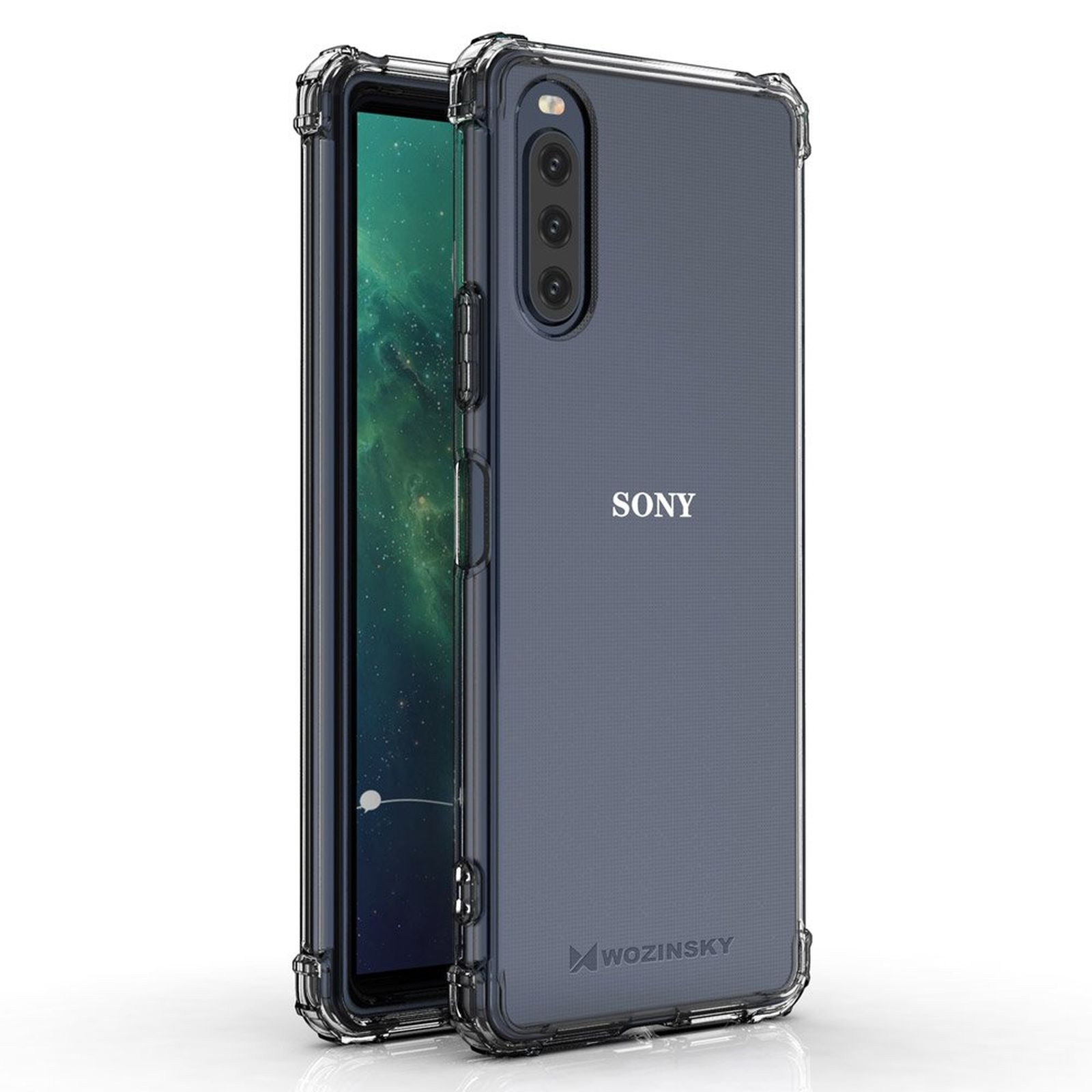 Una custodia scura per un telefono Sony. La custodia è trasparente con cornice nera.