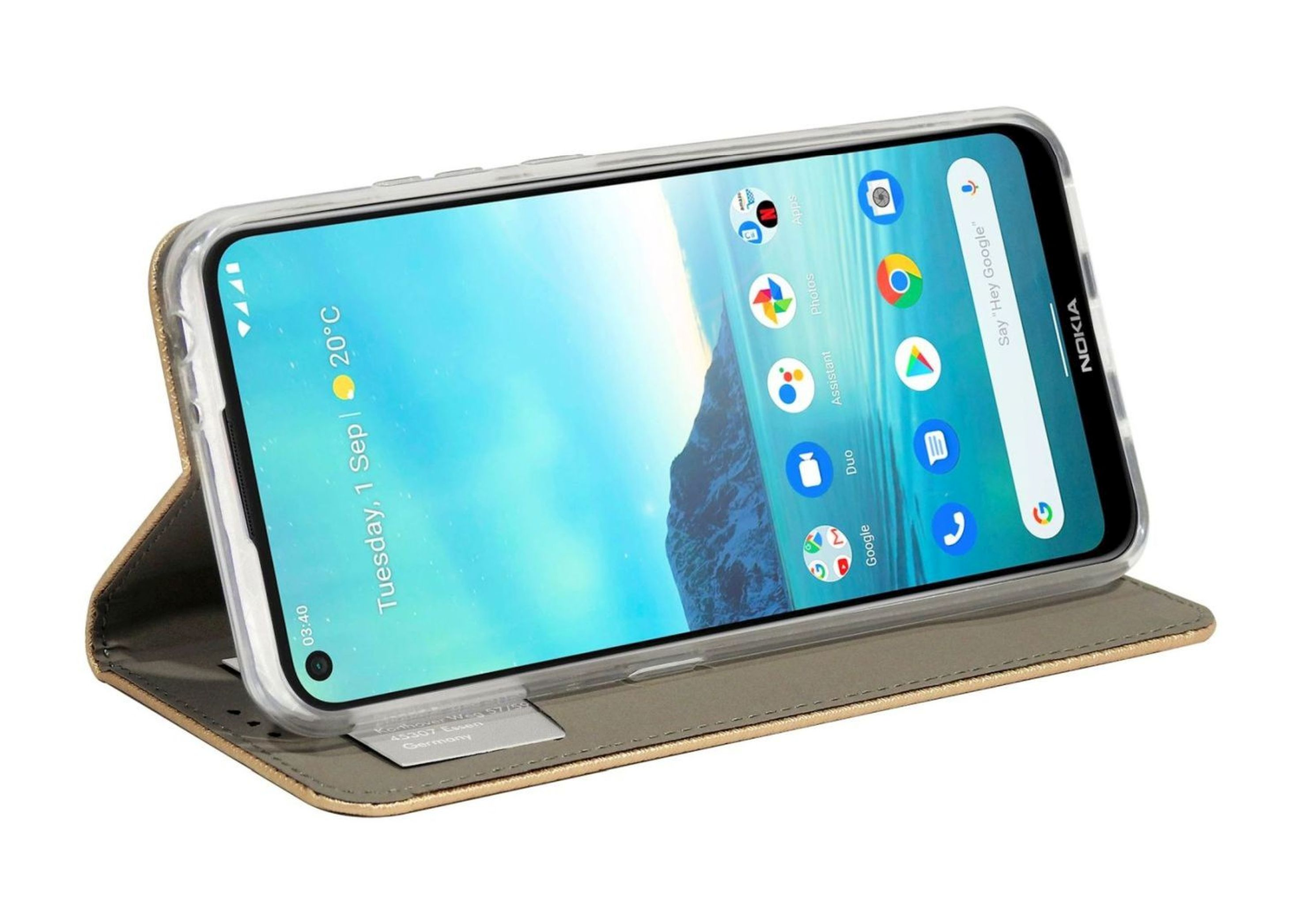 Ein Telefon in einer Hülle, der Bildschirm zeigt eine Nokia-Oberfläche.