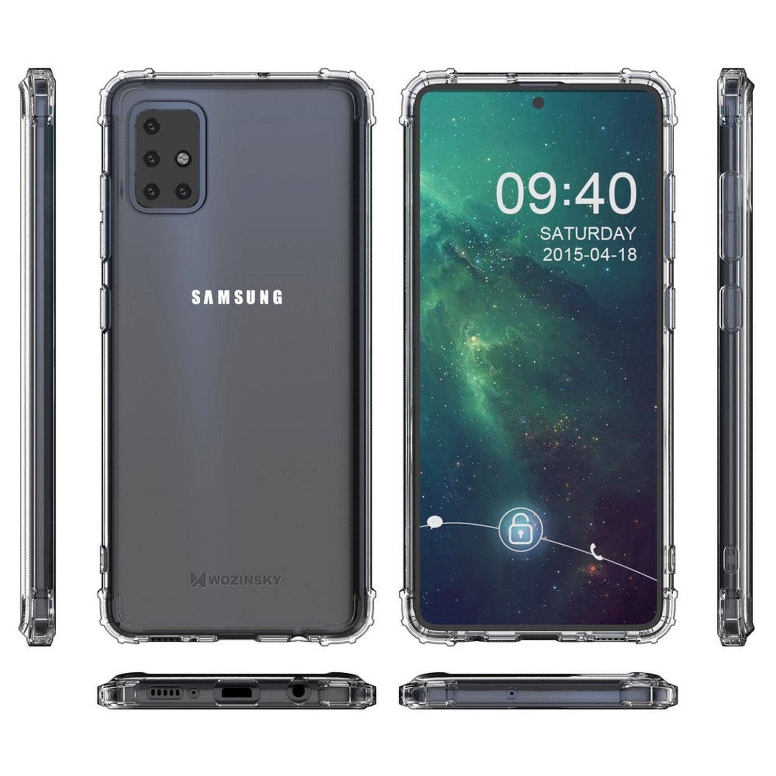 Ein Telefon in einer durchsichtigen Hülle. Mehrere Ansichten. Weißer Hintergrund.
