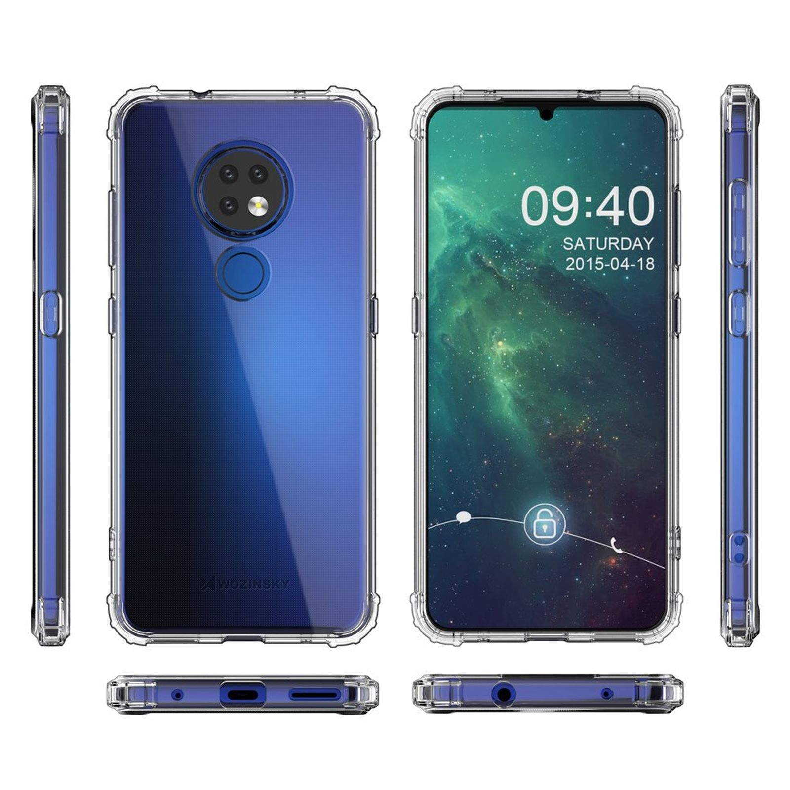 Diverse viste di una custodia trasparente con un telefono blu all'interno. Il telefono mostra l'ora.