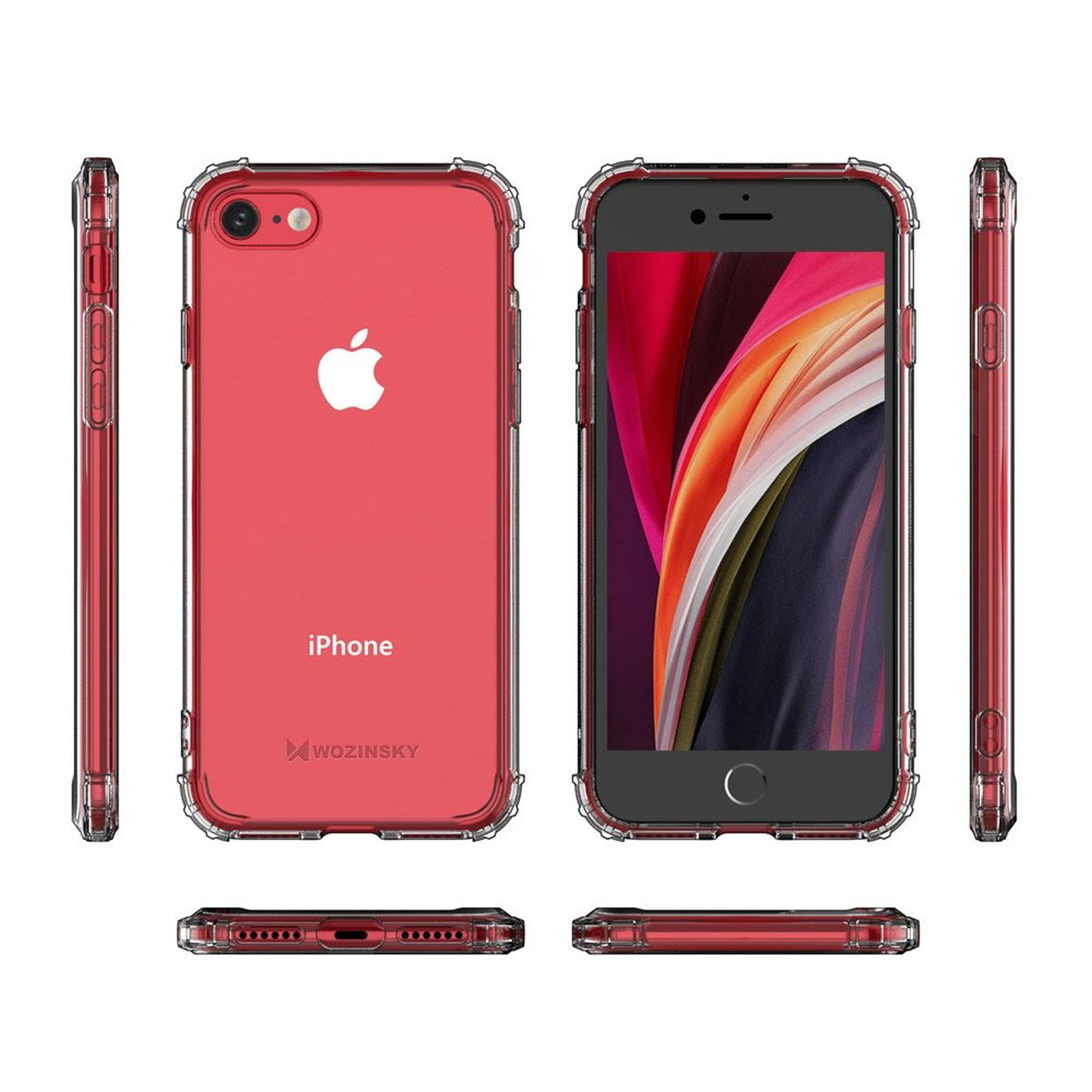 Rote iPhone-Hülle mit klaren Kanten. Telefon sichtbar. Mehrere Winkel gezeigt.