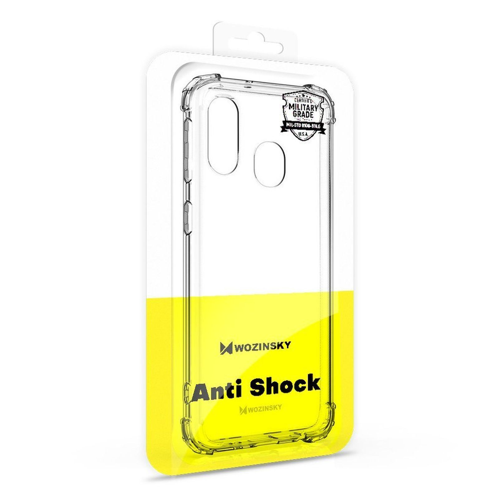 Transparente Handyhülle in Verpackung. Die Hülle zeigt Öffnungen für Kamera und Knöpfe des Telefons.