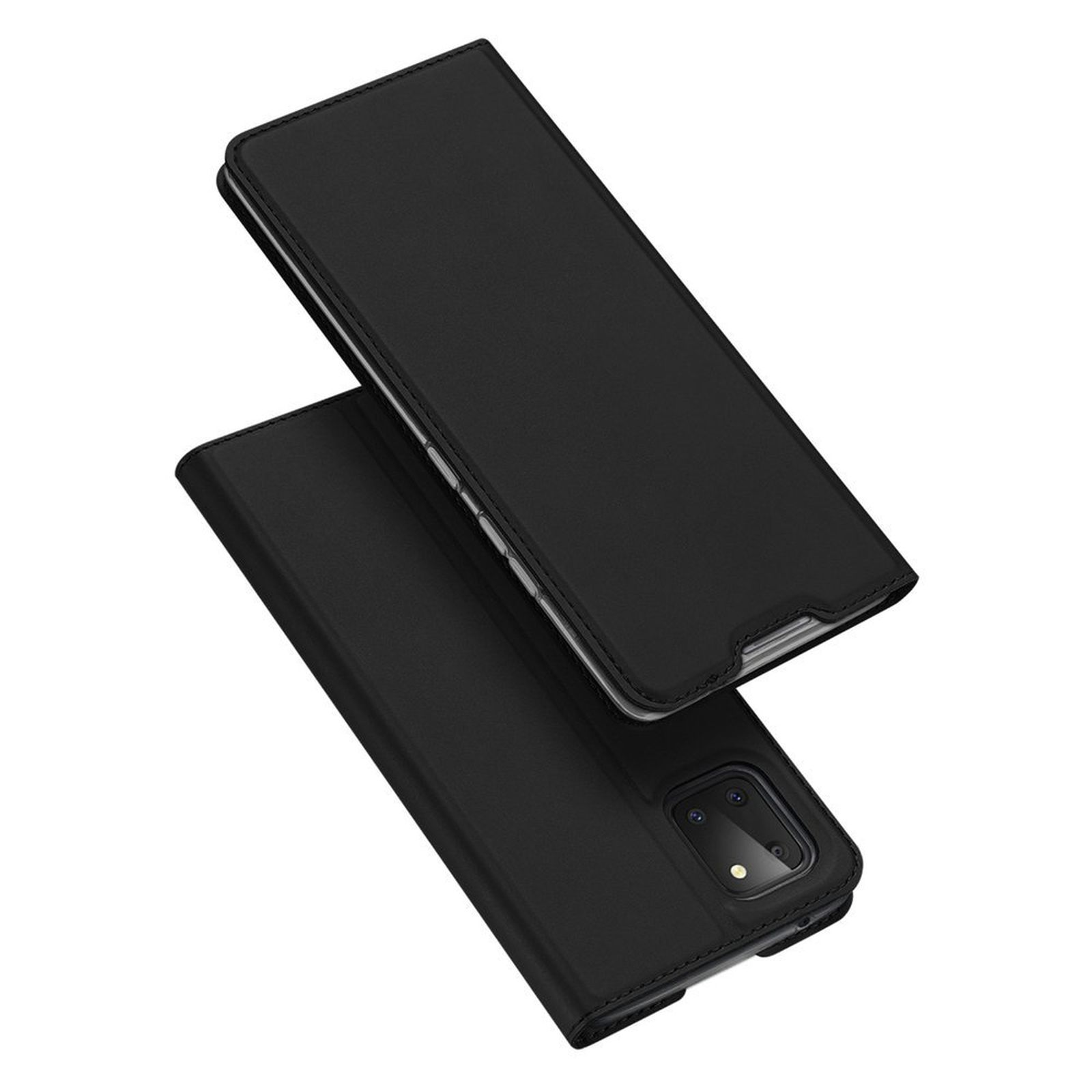 Schwarze Handyhülle aus Leder, geöffnet, ein Telefon zeigend.
