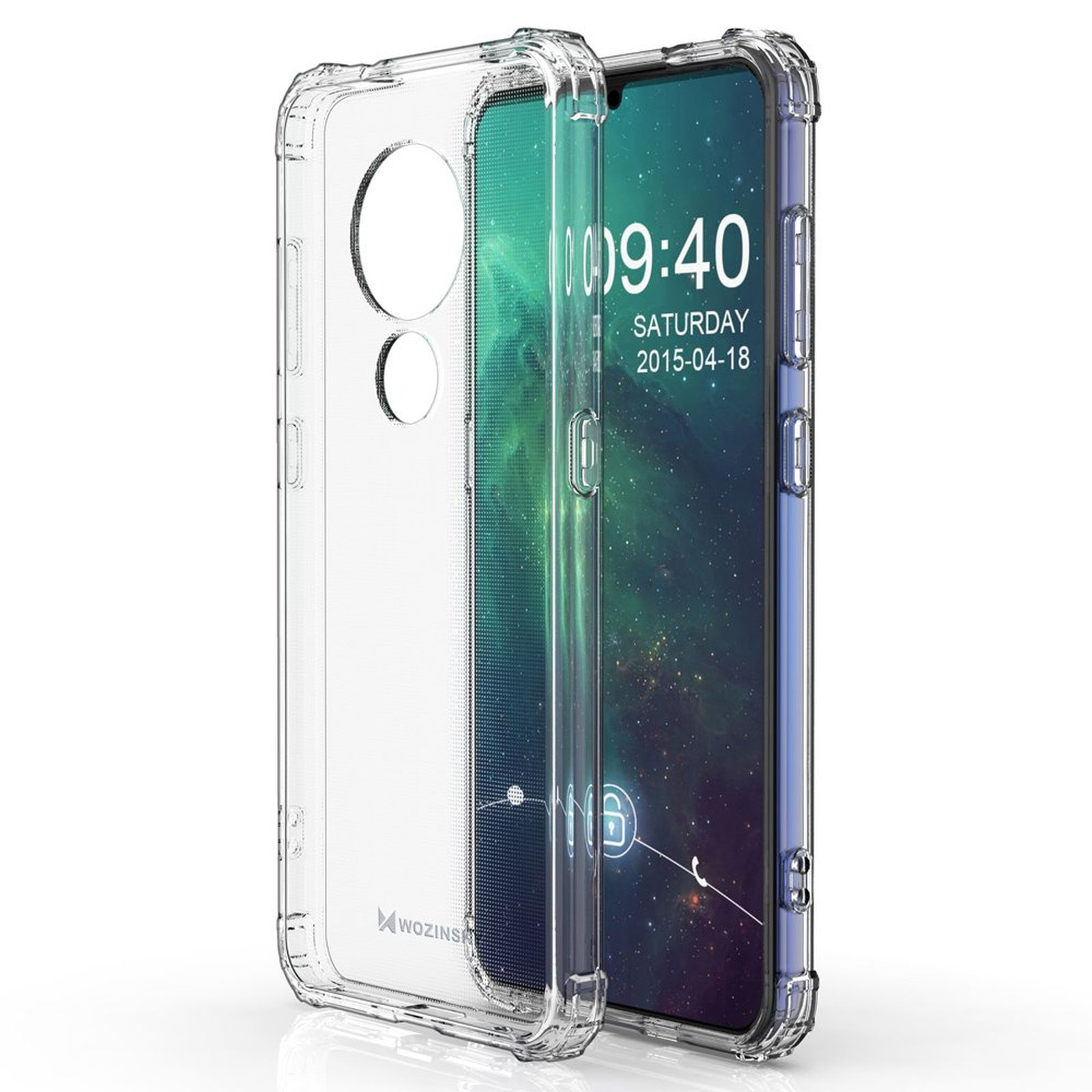 Una custodia trasparente per telefono su un telefono con schermo visibile. La custodia ha retro e lati trasparenti.