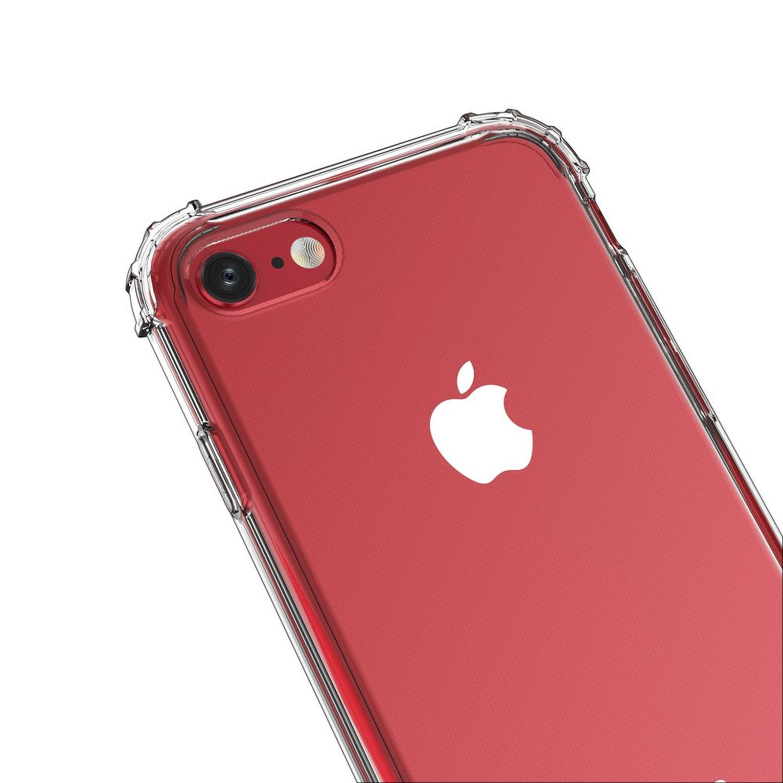 Rotes iPhone. Rote Rückseite und transparente Hülle, Apple Logo sichtbar.