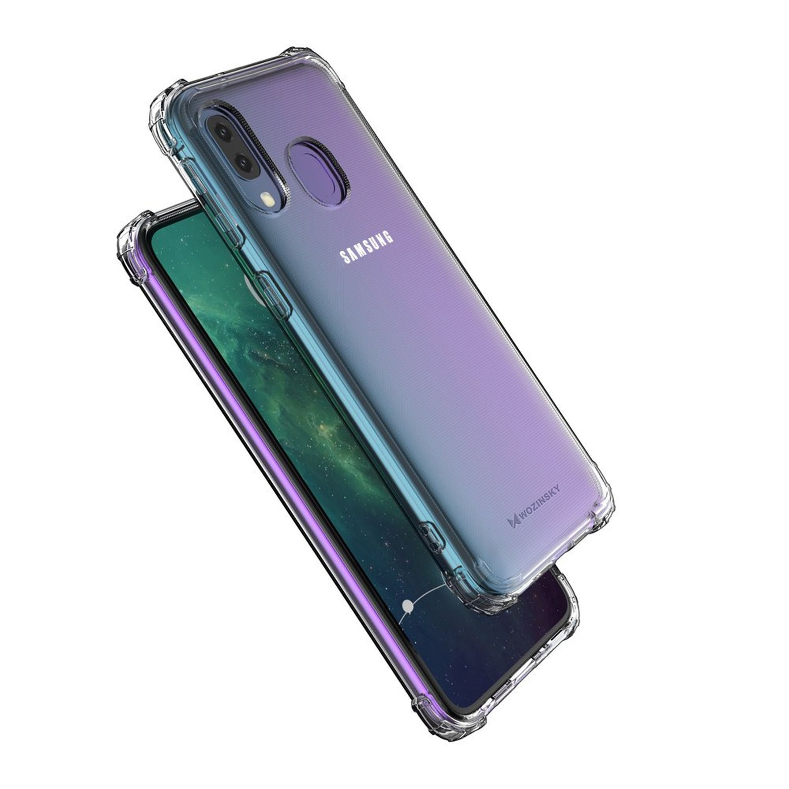Due telefoni in custodie trasparenti, uno sopra l'altro. Sfumature viola e blu sono visibili.
