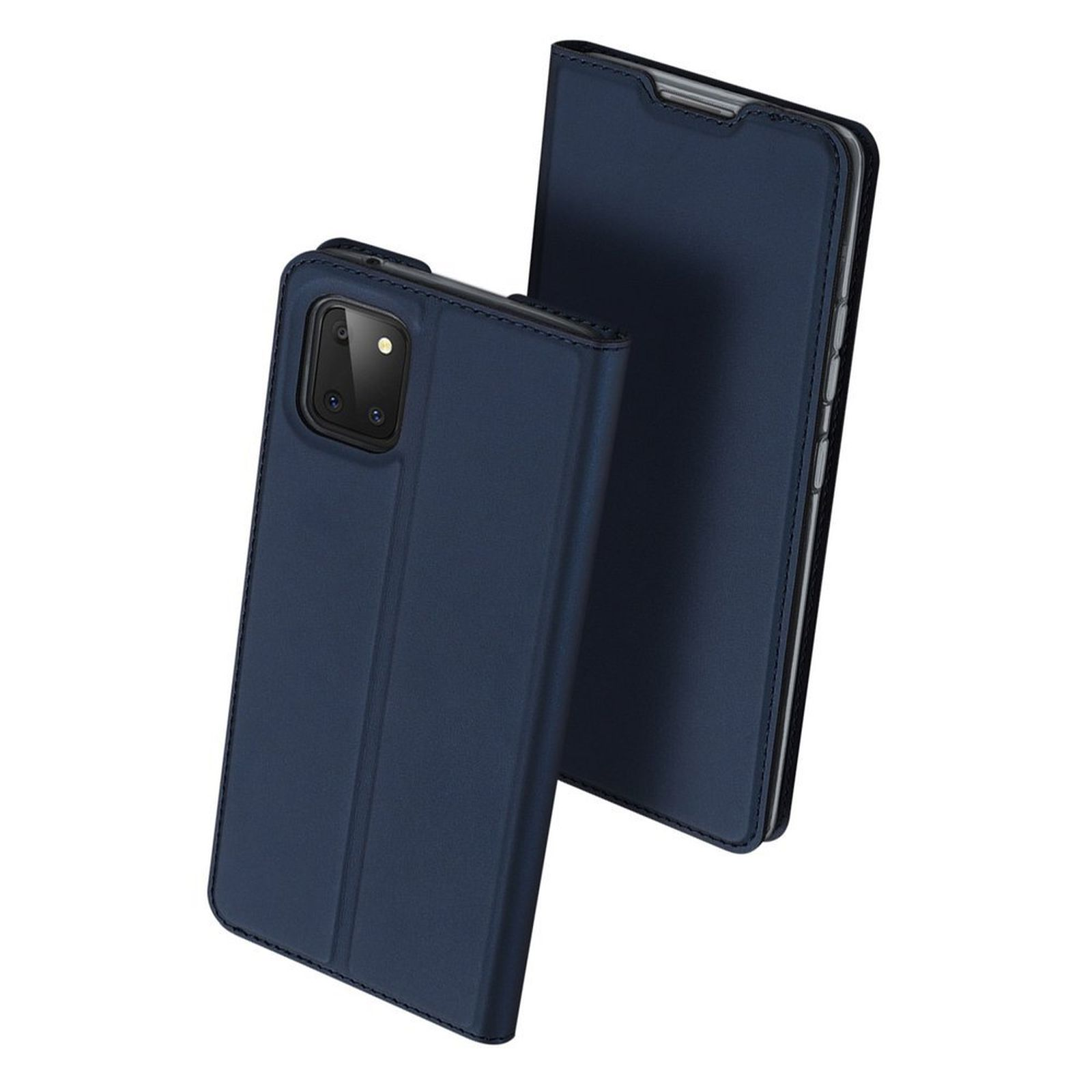 Zwei blaue Handyhüllen, eine offen, die das Telefon zeigt. Beide Hüllen sind blau und haben ein schlankes Design.
