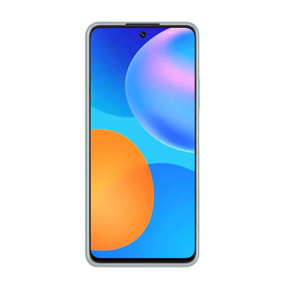 Smartphone mit blauem Farbverlauf. Kreisförmige orange und blaue Grafiken. Blauer Rahmen.