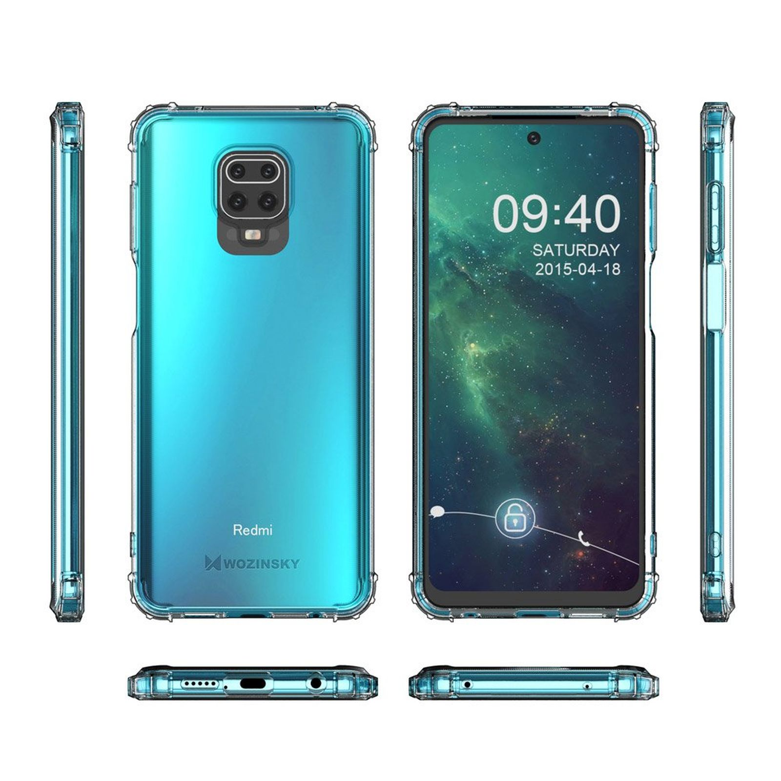 Handyhülle mit mehreren Ansichten, klar, schützend, mit Telefon darin.