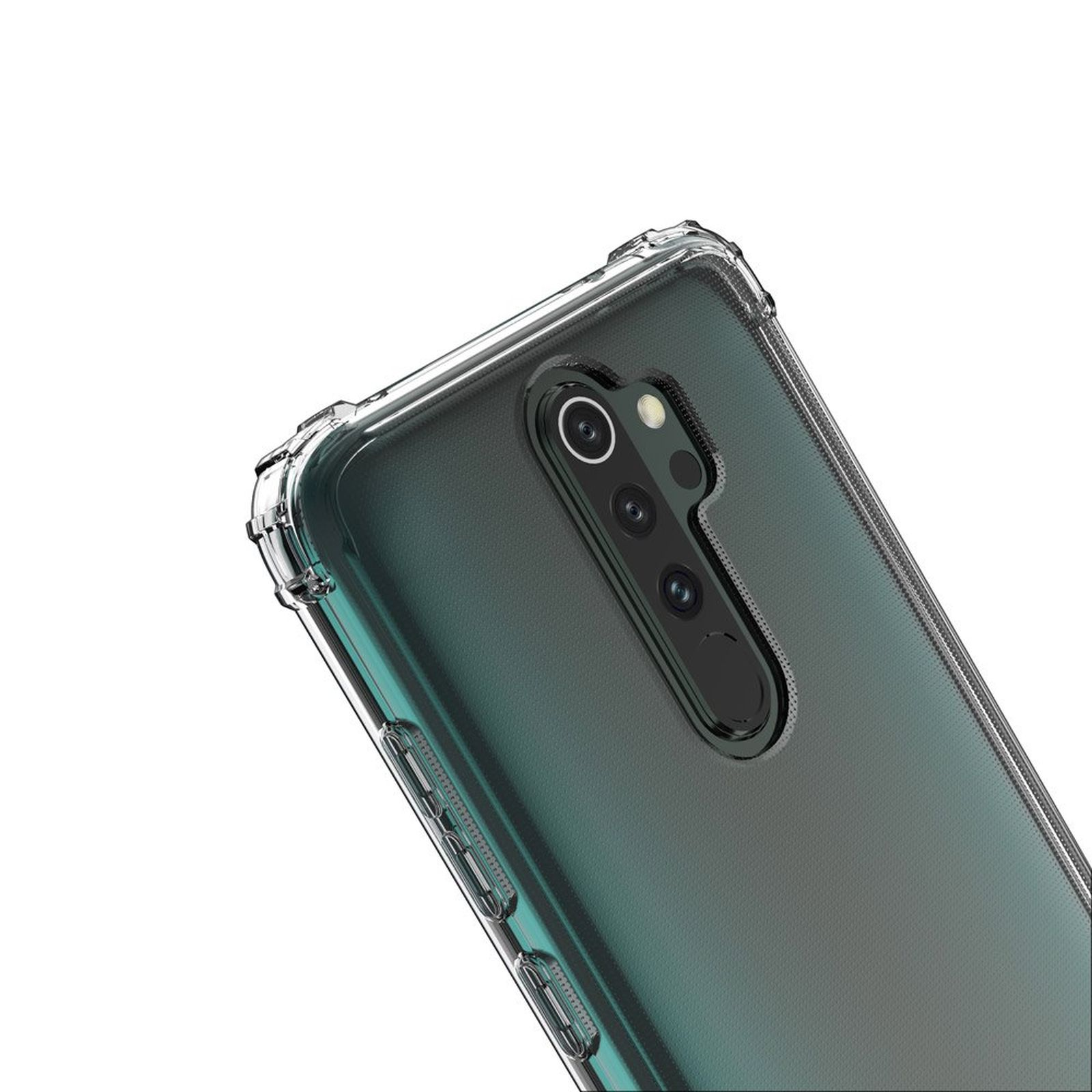 Primo piano di un telefono in una custodia trasparente, che mostra la fotocamera e i pulsanti.