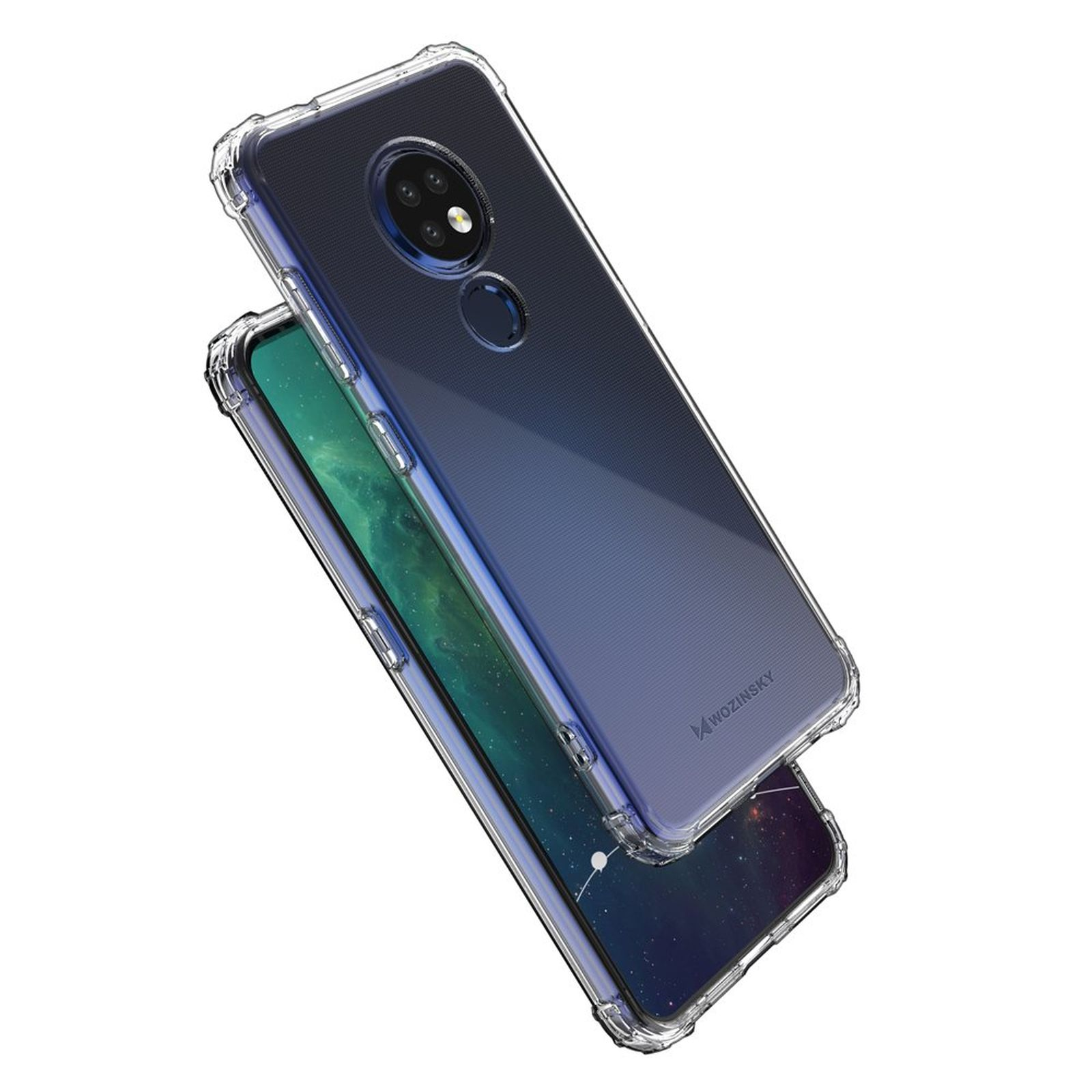 Custodia trasparente sul telefono, vista angolata, con dettagli della fotocamera. Trasparente e protettiva.