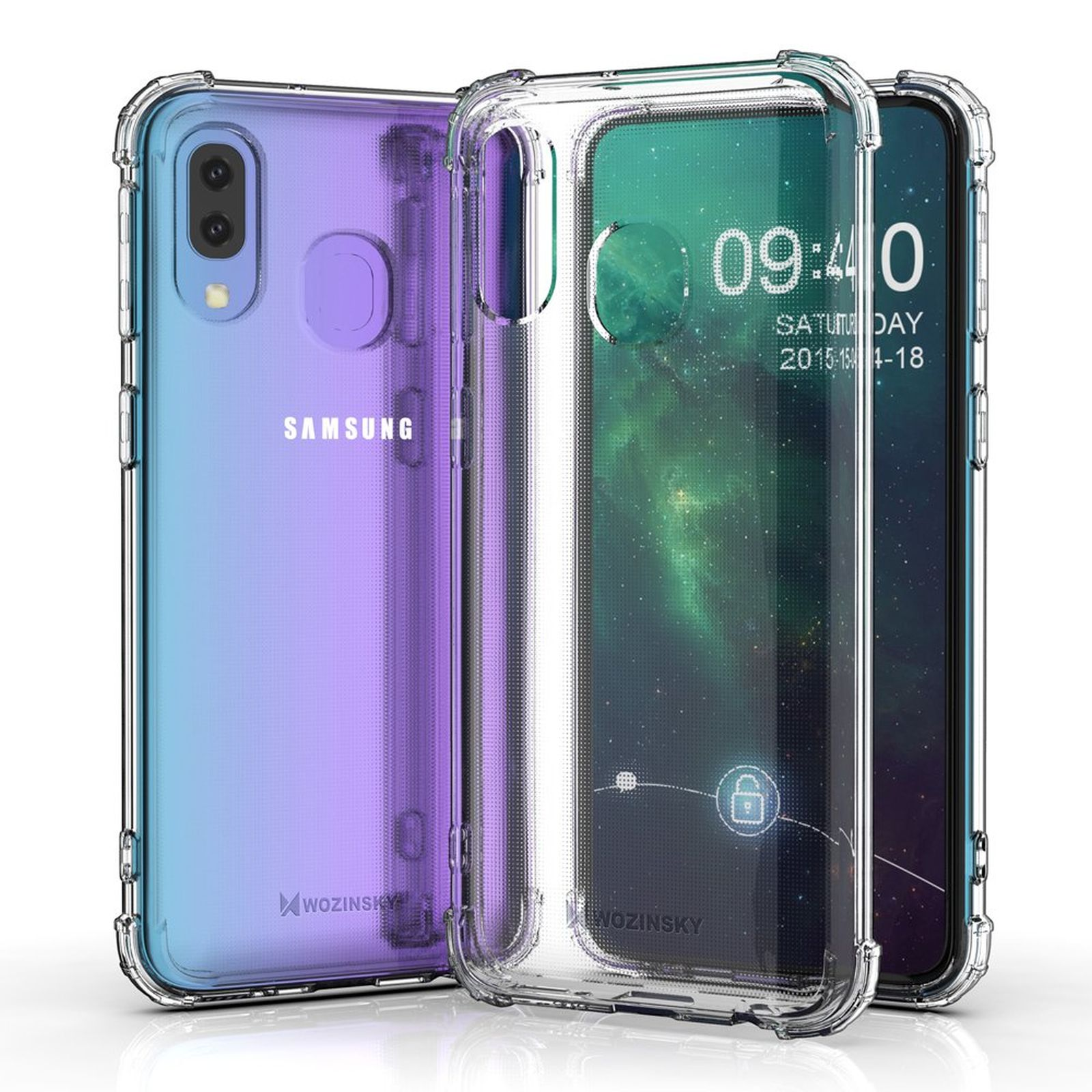Tre custodie per telefono. Le custodie sono trasparenti con il telefono all'interno.