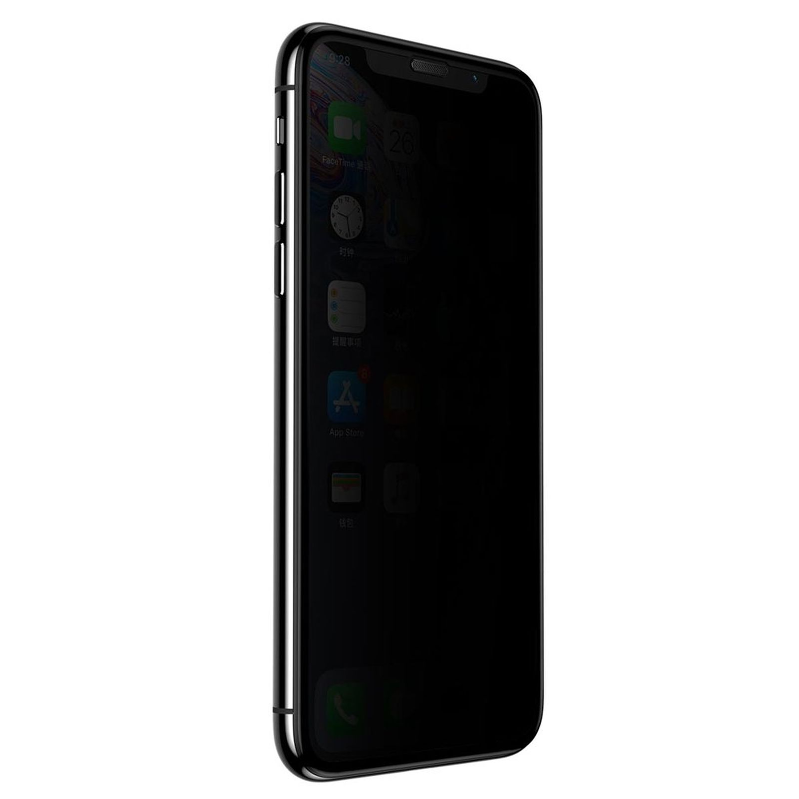 Schwarzes Smartphone mit App-Anzeige auf dem Bildschirm. Seitenansicht zeigt Knöpfe und Kamera.
