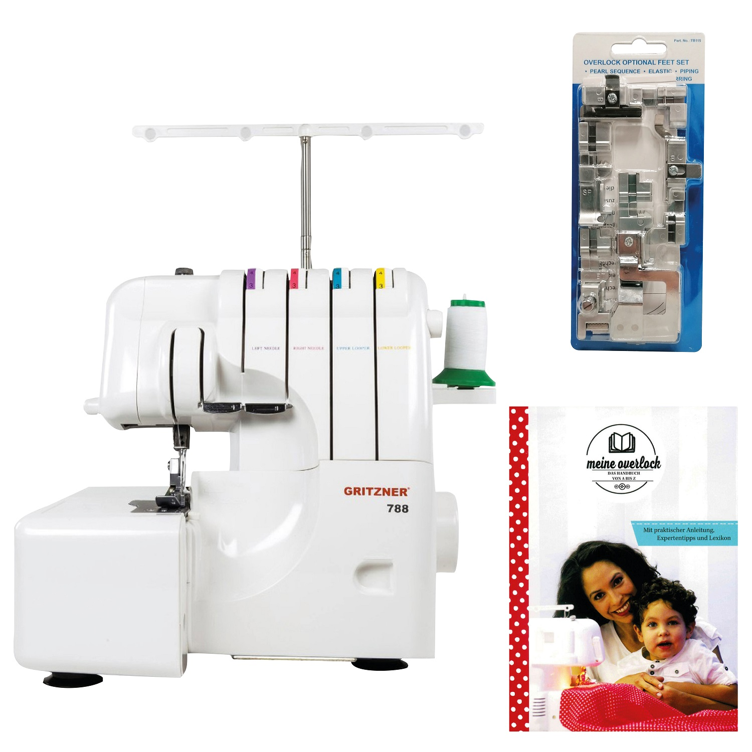 Maszyna do szycia, nić i akcesoria na białej powierzchni. Książka i opakowanie.