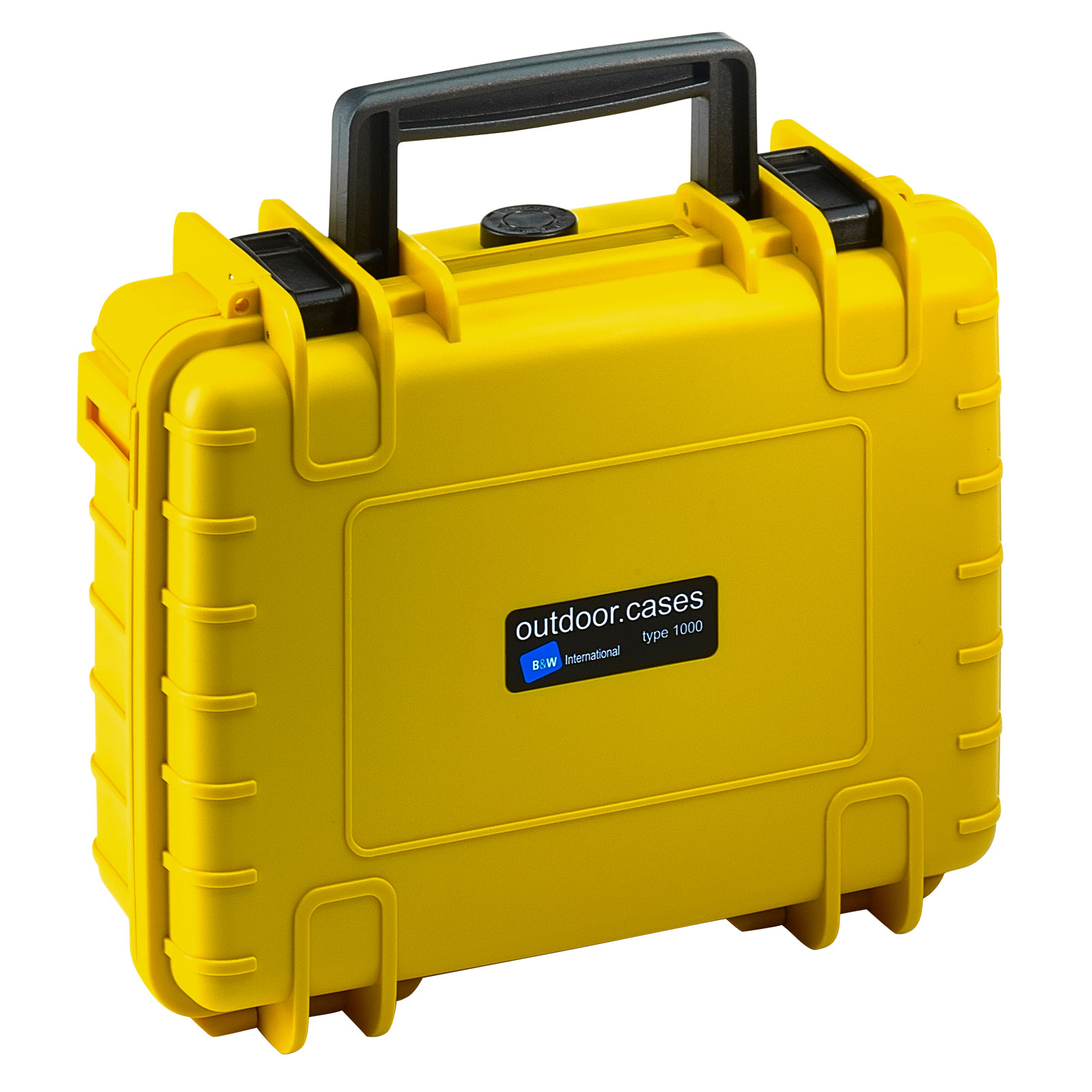 Gelbe, rechteckige, wasserdichte Kiste mit schwarzem Griff, beschriftet 'outdoor.cases'.