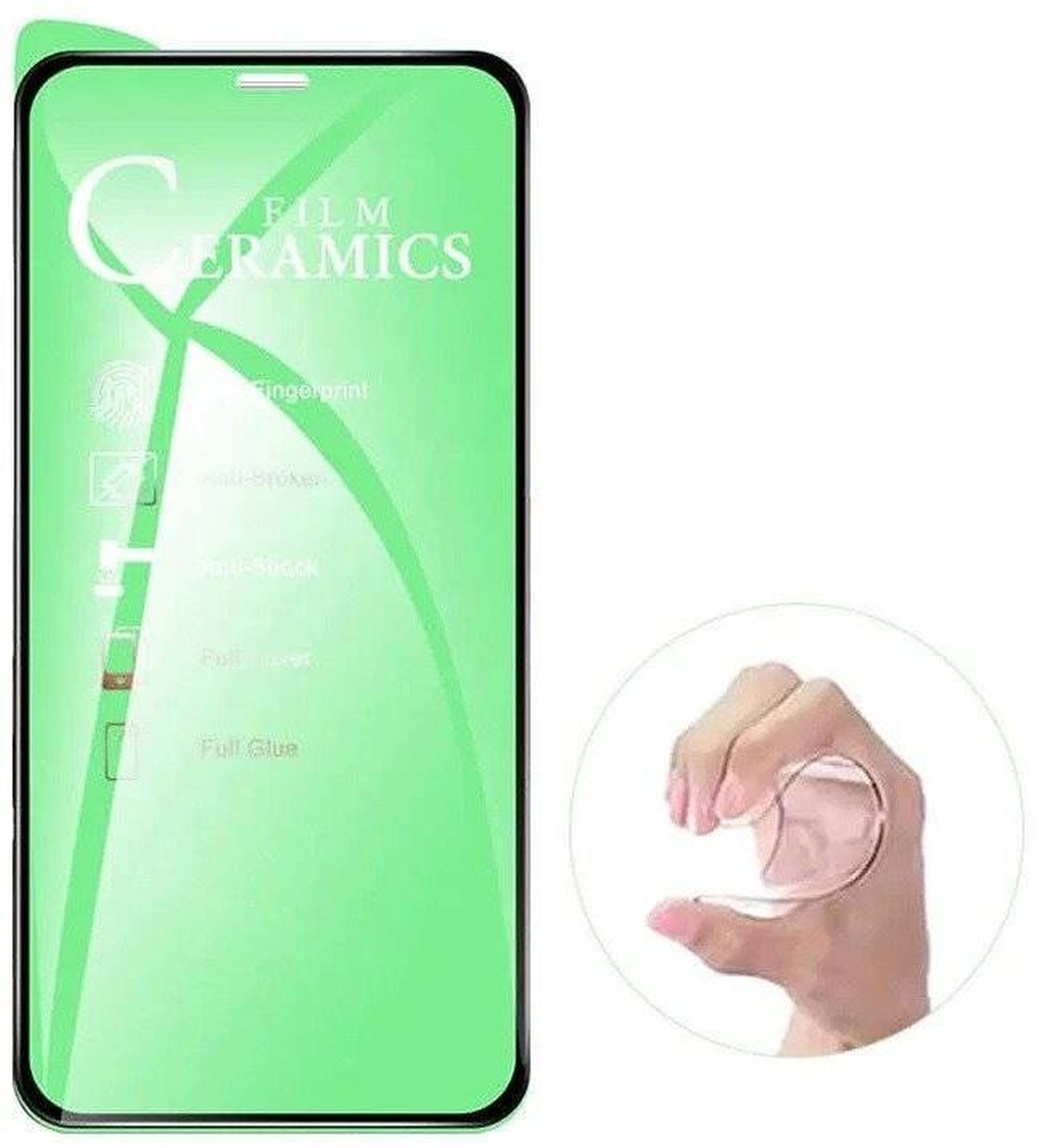 Ein grüner Displayschutz mit einer Hand, die ein kleines, klares kreisförmiges Objekt hält. Der Schutz wird angezeigt.