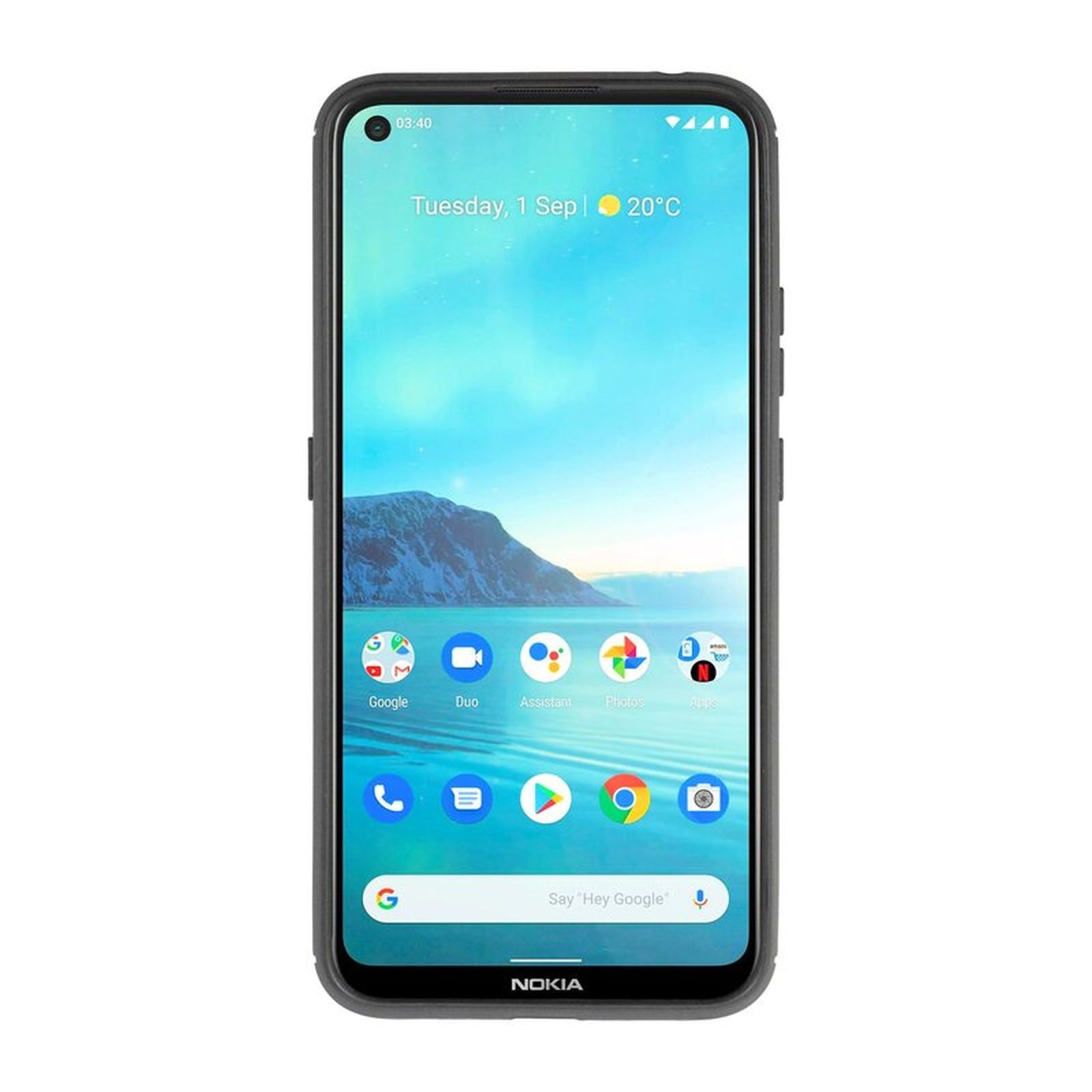 Ein schwarzes Nokia-Smartphone mit Vollbildanzeige, die App-Symbole und das Datum zeigt.