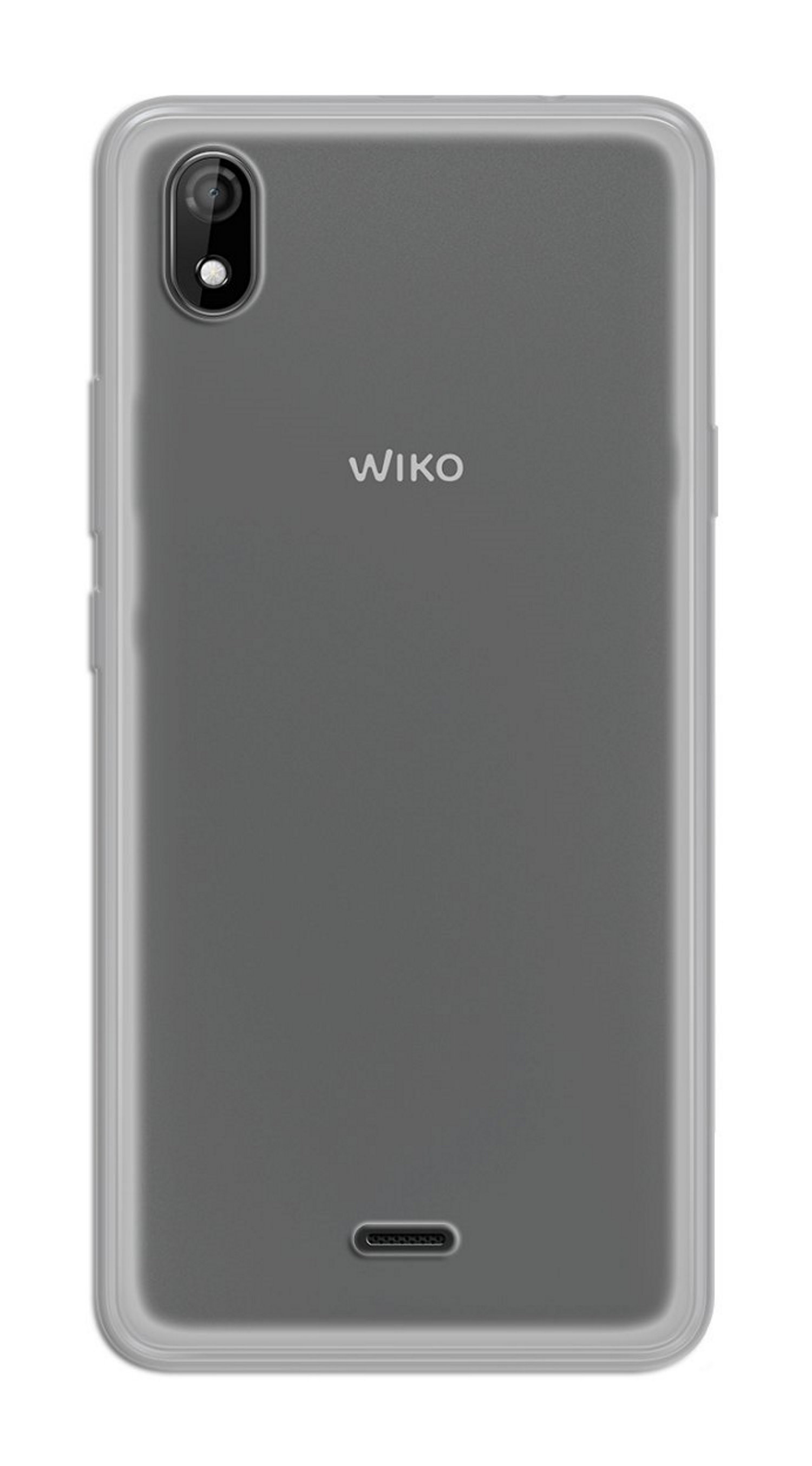 Die Rückseite eines grauen Wiko-Telefons mit einer einzelnen Kamera und dem Wiko-Logo.