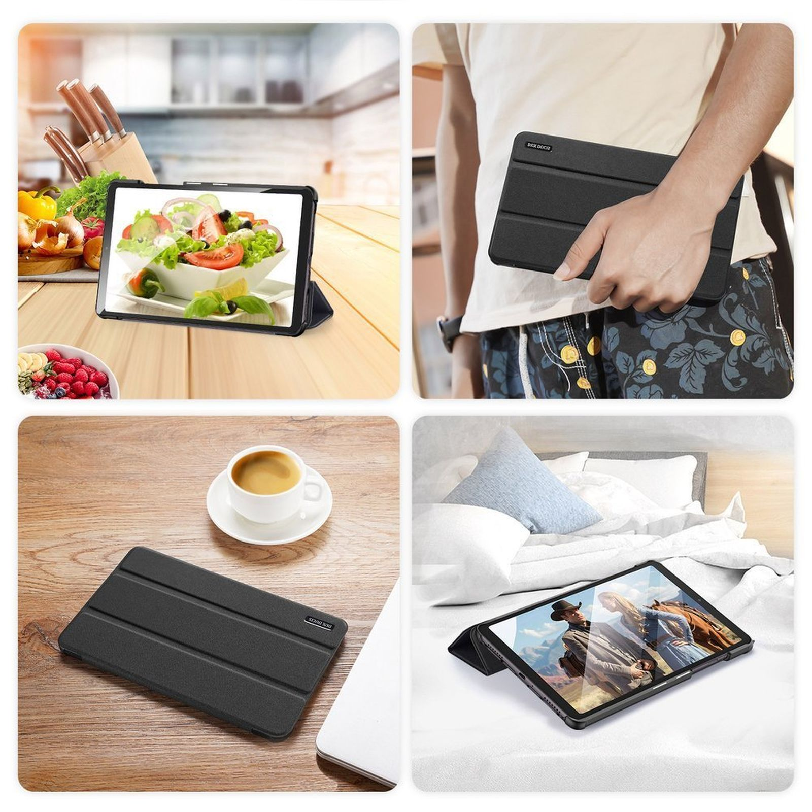 Collage von Bildern. Schwarzes Tablet in verschiedenen Umgebungen, einschließlich Essensdarstellung und Bett.