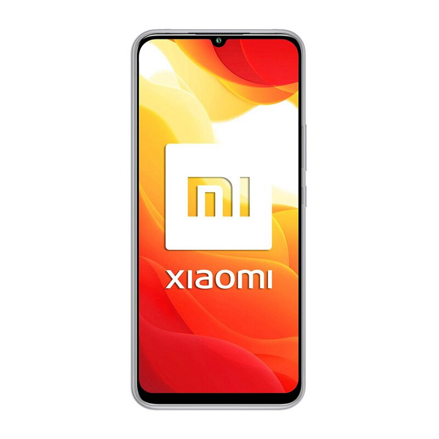 Schwarzes Smartphone mit hellem Bildschirm, der ein weißes Quadrat und einen bunten Hintergrund zeigt.