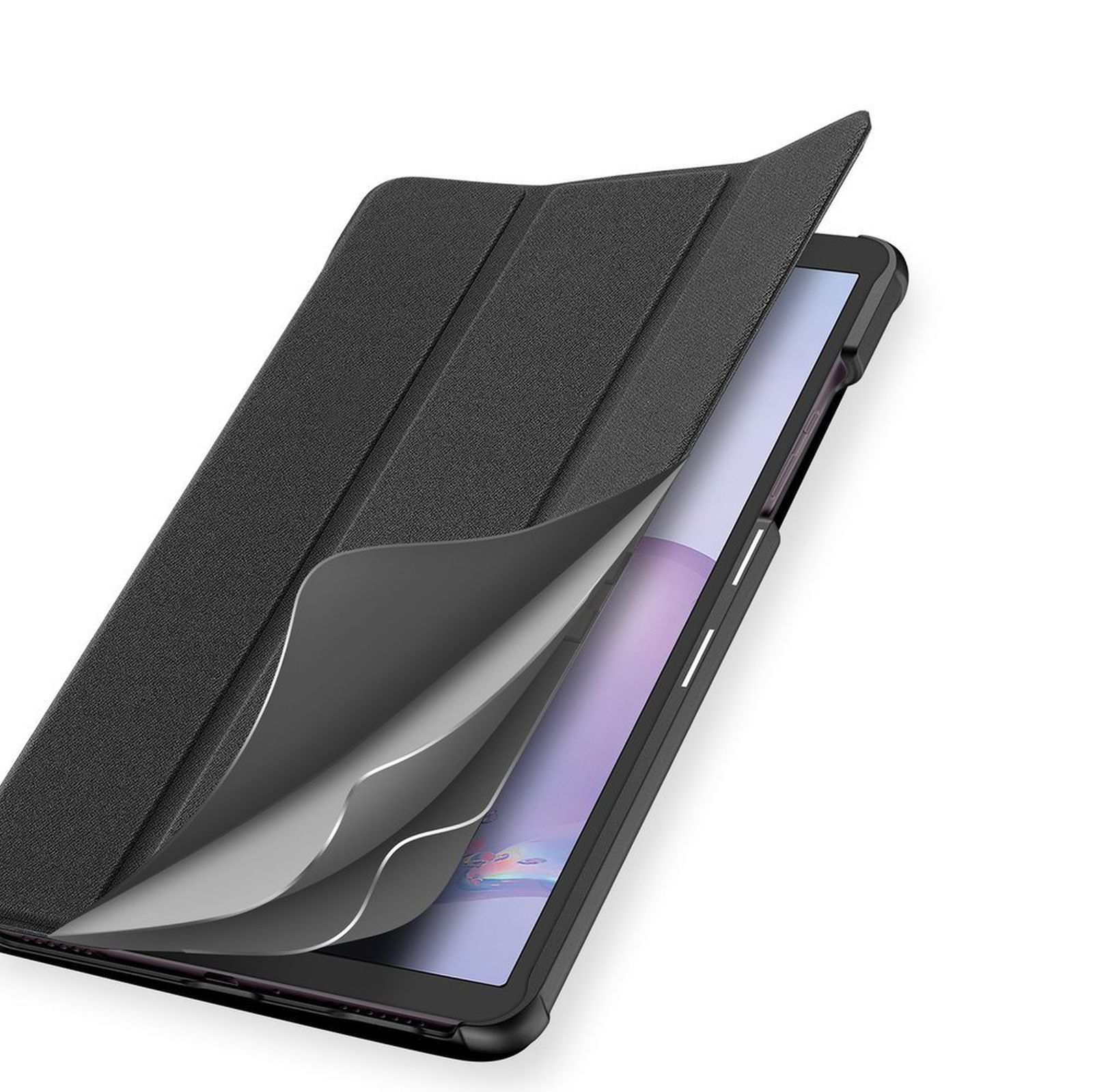 Tablet in schwarzem Gehäuse, teilweise geöffnet. Zeigt Bildschirm und Innenschichten.