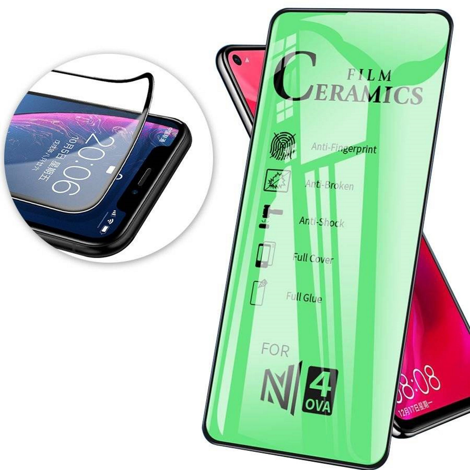 Ein grüner Displayschutz mit Text und zwei Handys im Hintergrund. Eines zeigt einen Telefonbildschirm.