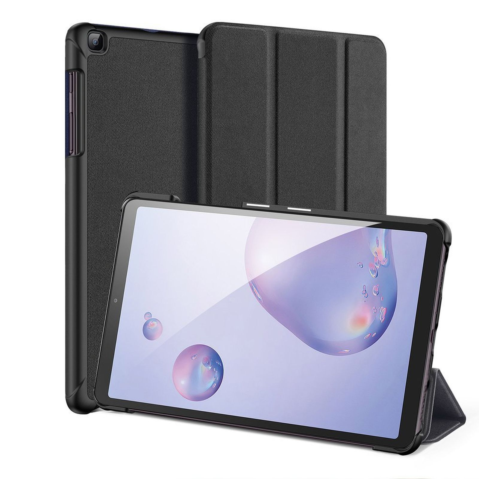 Ein schwarzes Tablet mit einer schwarzen Hülle. Der Tablet-Bildschirm zeigt ein farbenfrohes Bild.