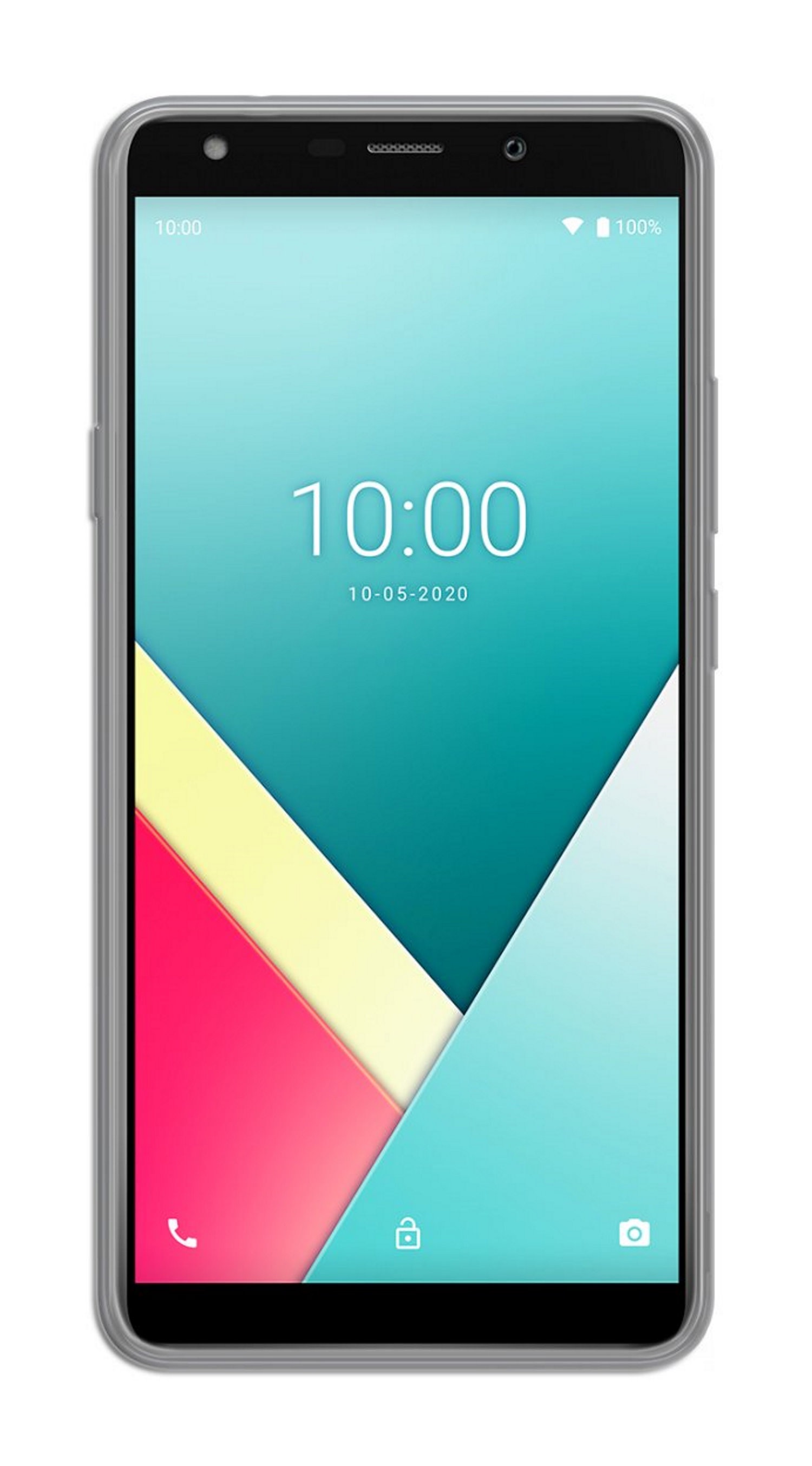 Smartphone-Bildschirm mit farbenfrohem geometrischem Design, zeigt Uhrzeit und Datum.