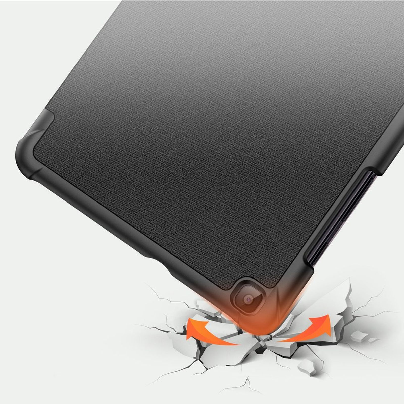 Schwarze Tablet-Hülle, Aufprallschutz, rissige Oberfläche, orange Pfeile.