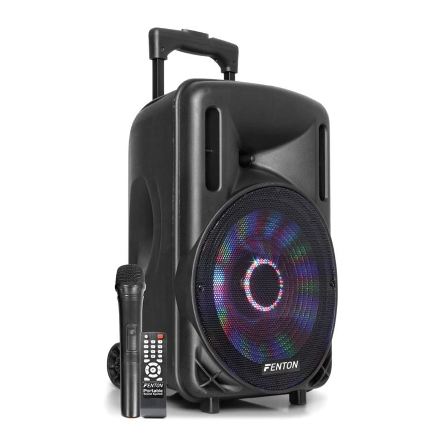 Un altoparlante nero con un microfono e un telecomando. Ha una luce che cambia colore.