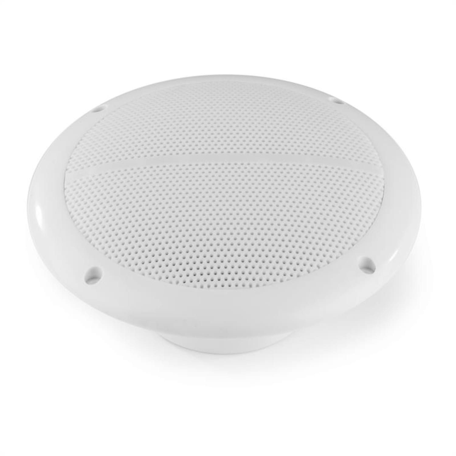 Altavoz redondo blanco con frontal perforado.