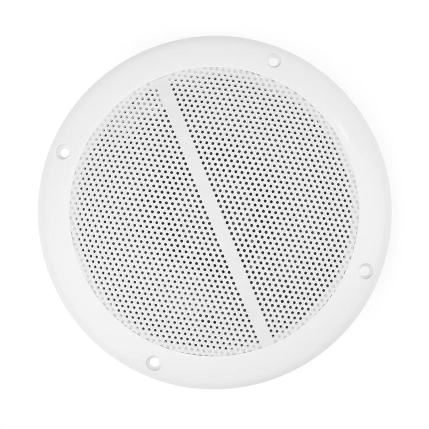 Rejilla de altavoz blanca con pequeños orificios y una barra transversal central.