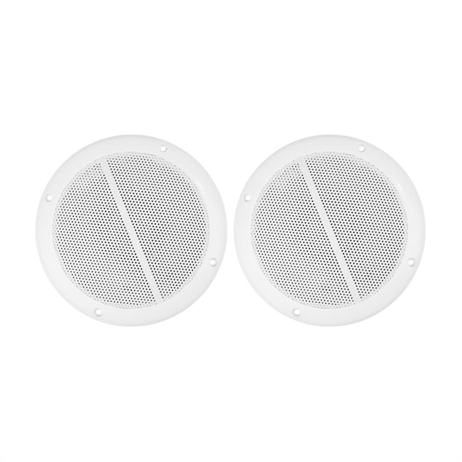 Dos altavoces redondos blancos con cubiertas frontales perforadas, aislados sobre blanco. Tienen líneas diagonales.