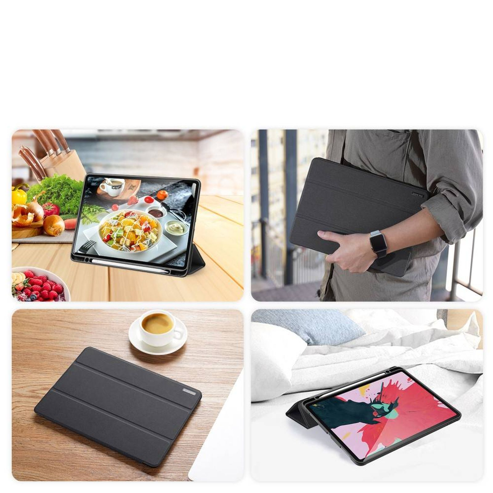 Vier Bilder von Tablets in Hüllen. Eines zeigt ein Tablet mit Essen, ein anderes wird gehalten und ein weiteres auf einem Tisch.