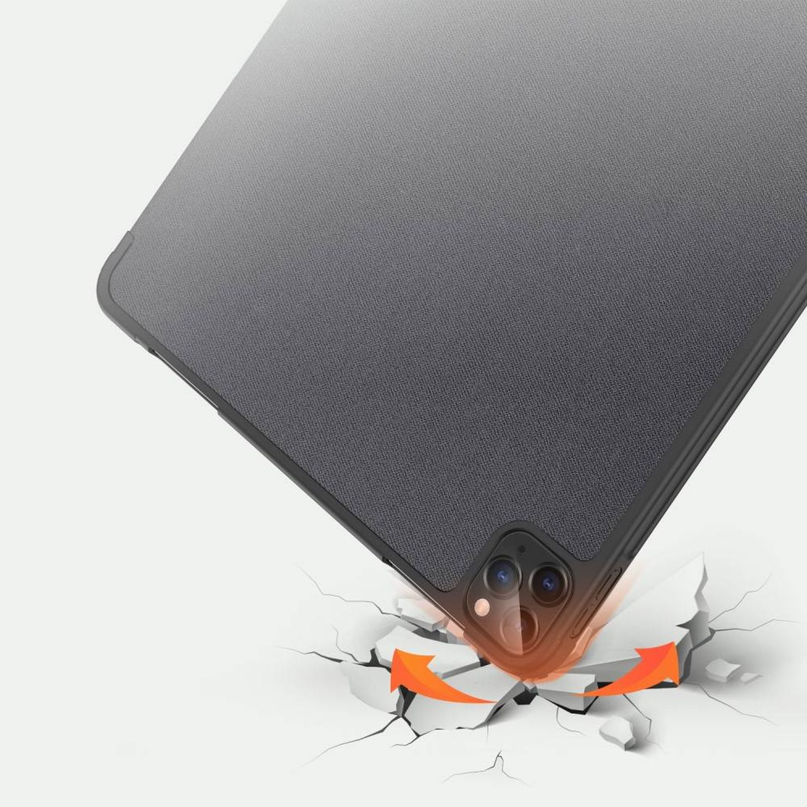 Tablet stürzt, Risse gehen vom Aufprallpunkt aus, umgeben von Text.
