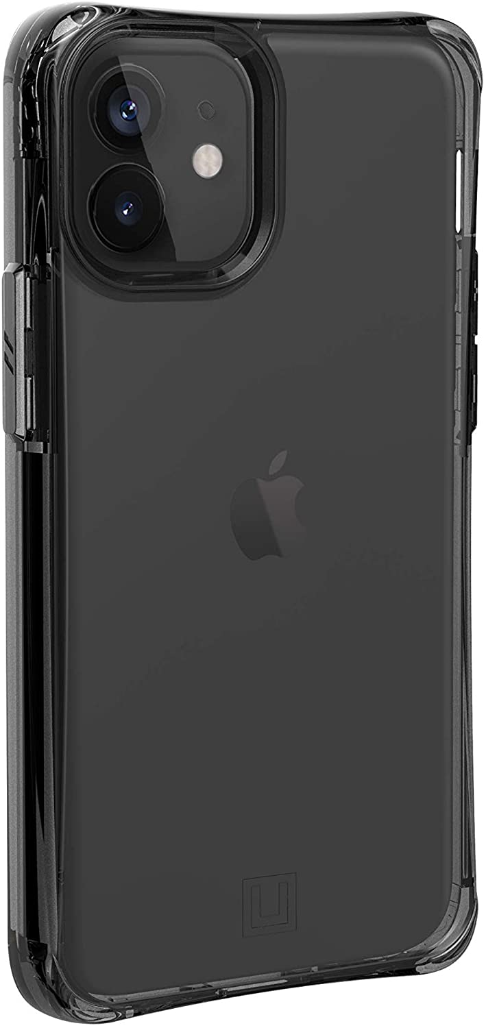 Schwarzes iPhone 12 mit einer transparenten Schutzhülle. Das Apple-Logo ist auf der Rückseite sichtbar.