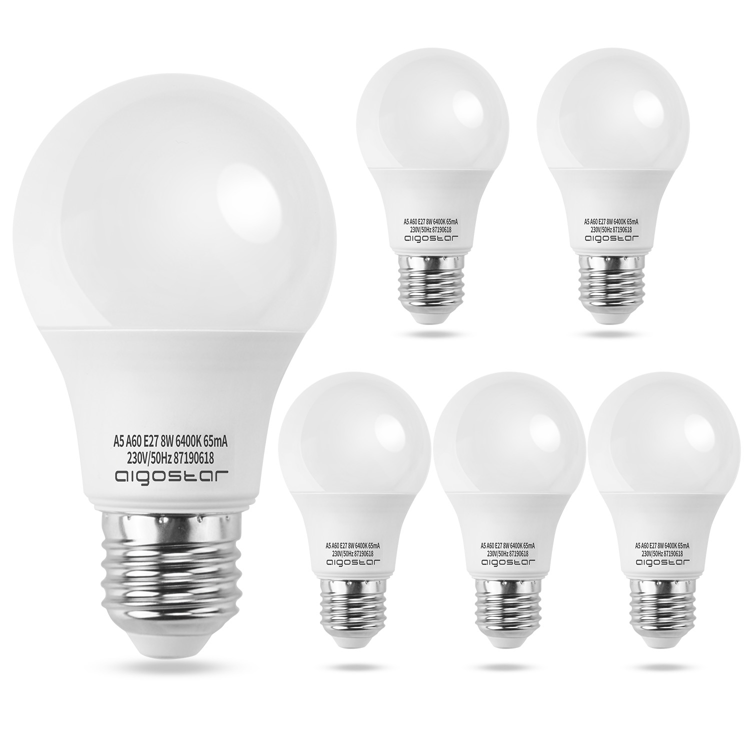 Sei lampadine a LED bianche con basi argentate. Una grande e cinque piccole.