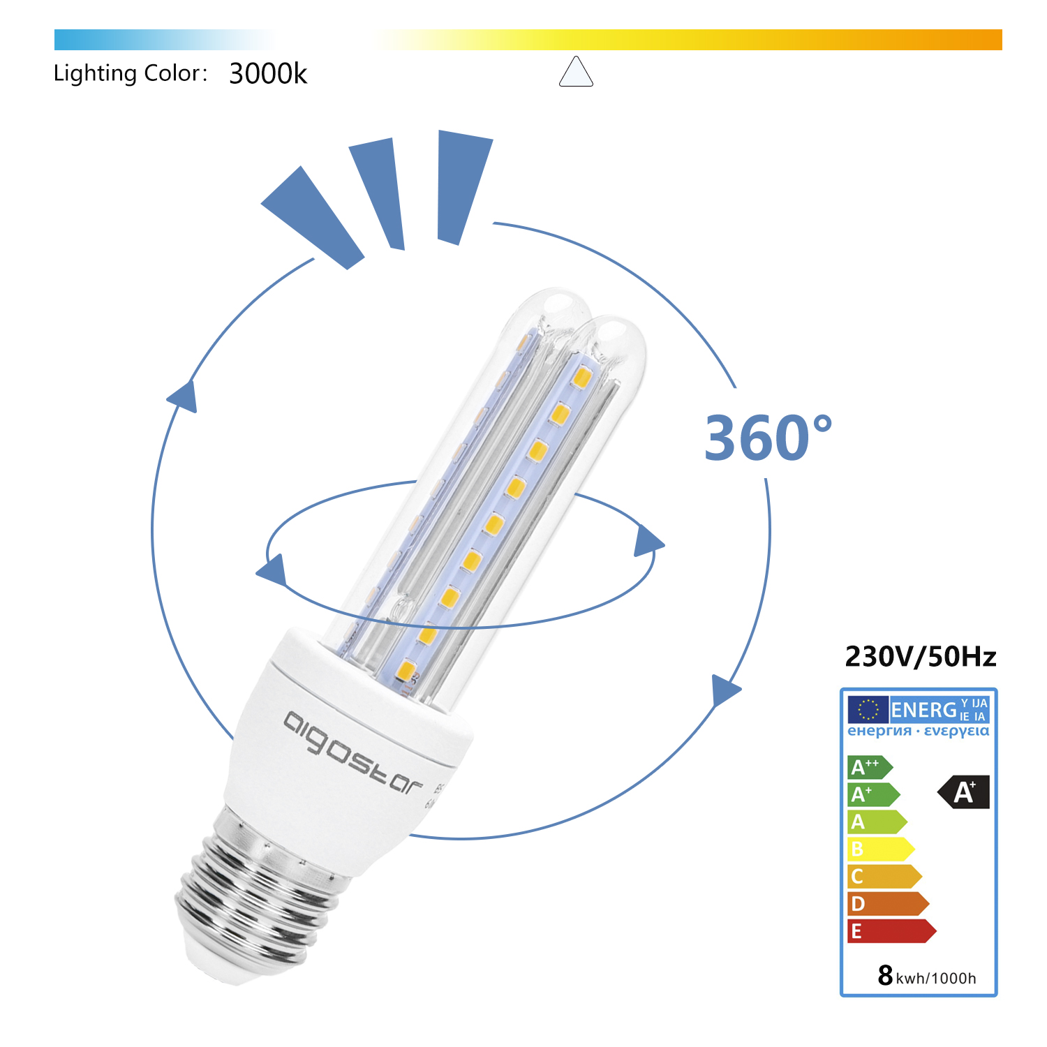 Una lampadina da 3000k, 230V/50Hz, con classe energetica A++.