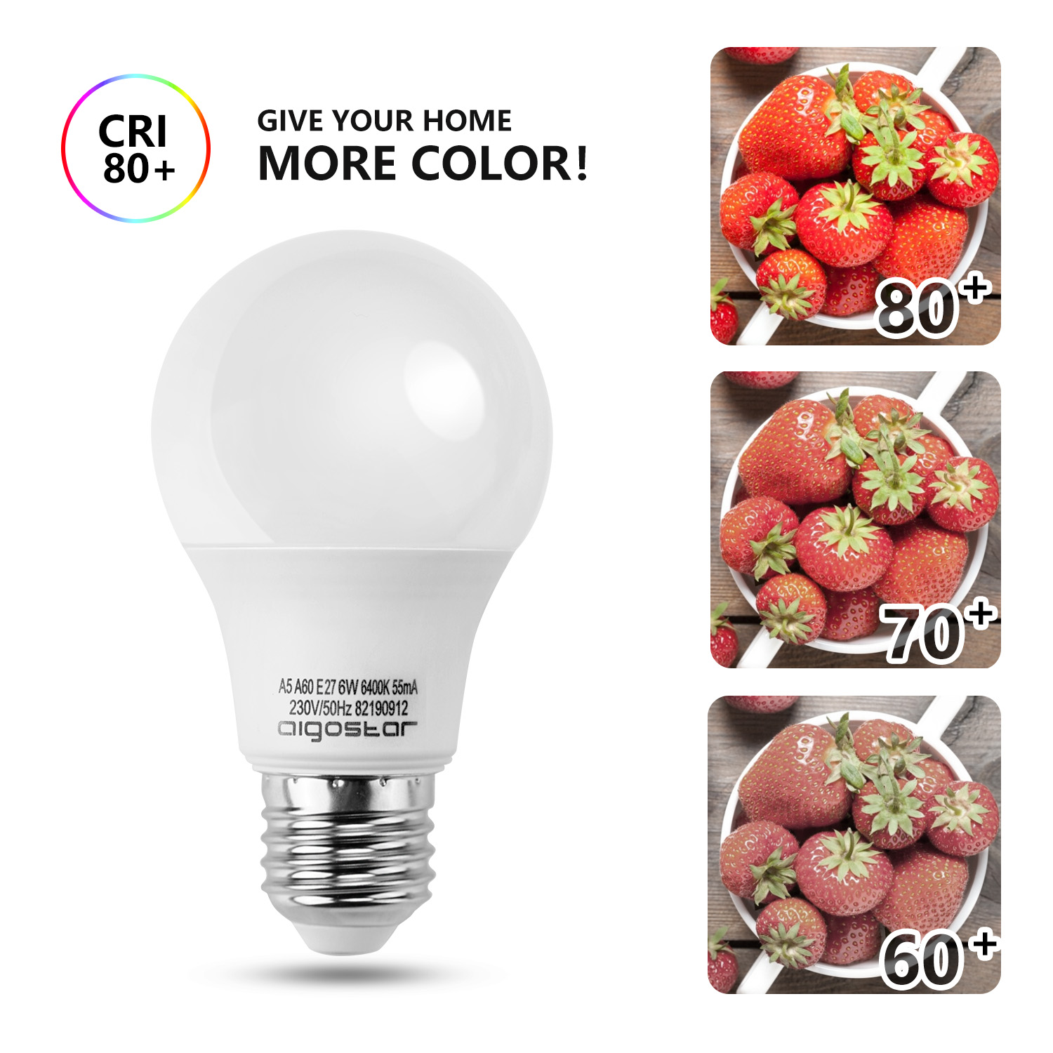 Biała żarówka z truskawkami w miskach. Tekst „DODAJ WIĘCEJ KOLORU DO SWOJEGO DOMU!”. 