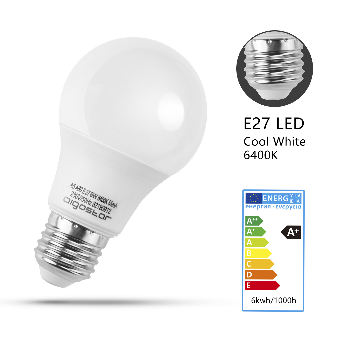 Biała żarówka z gwintem E27. Tekst pokazuje specyfikacje techniczne. Białe tło.