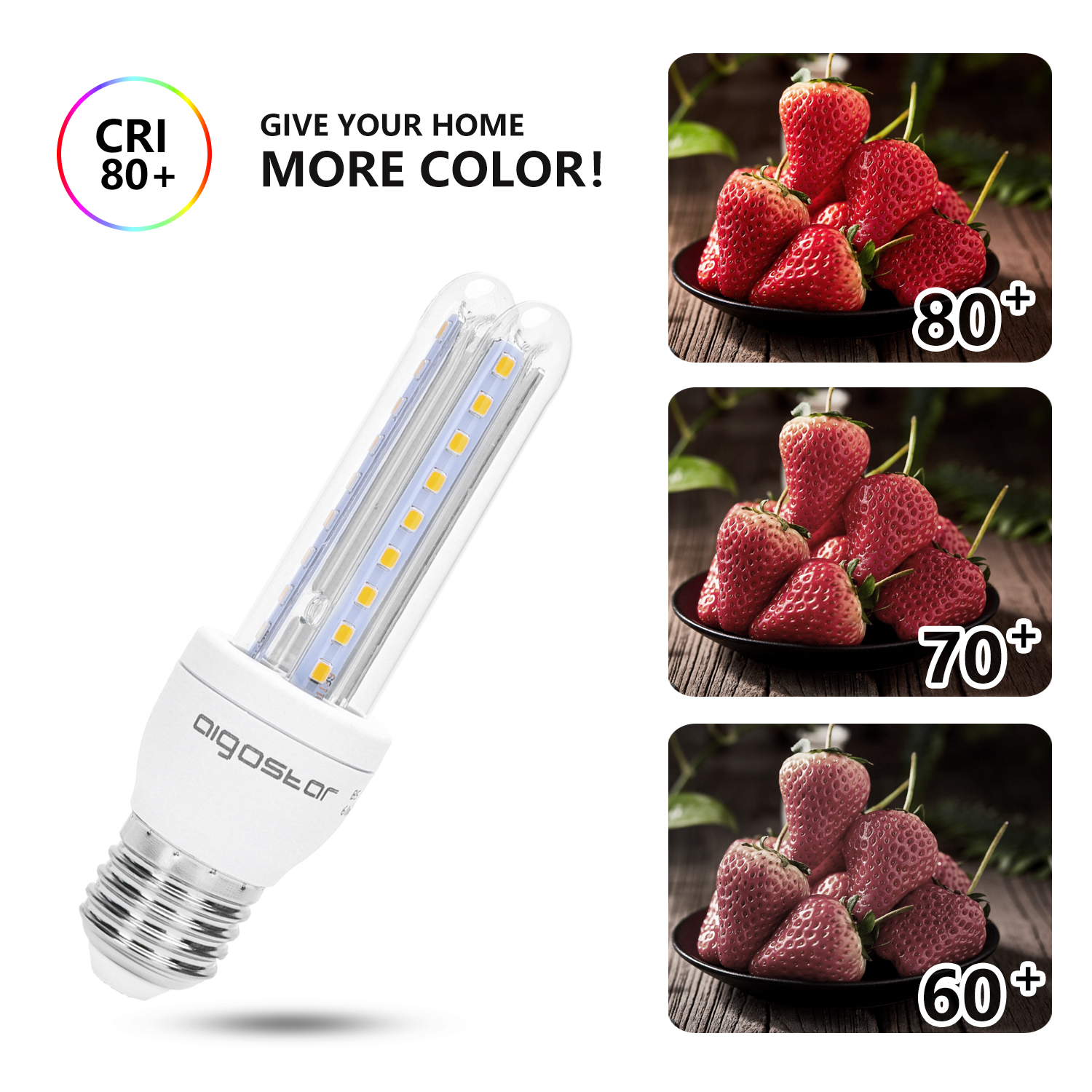 Lampada LED con CRI 80+ e tre ciotole di fragole che mostrano diverse intensità di colore.