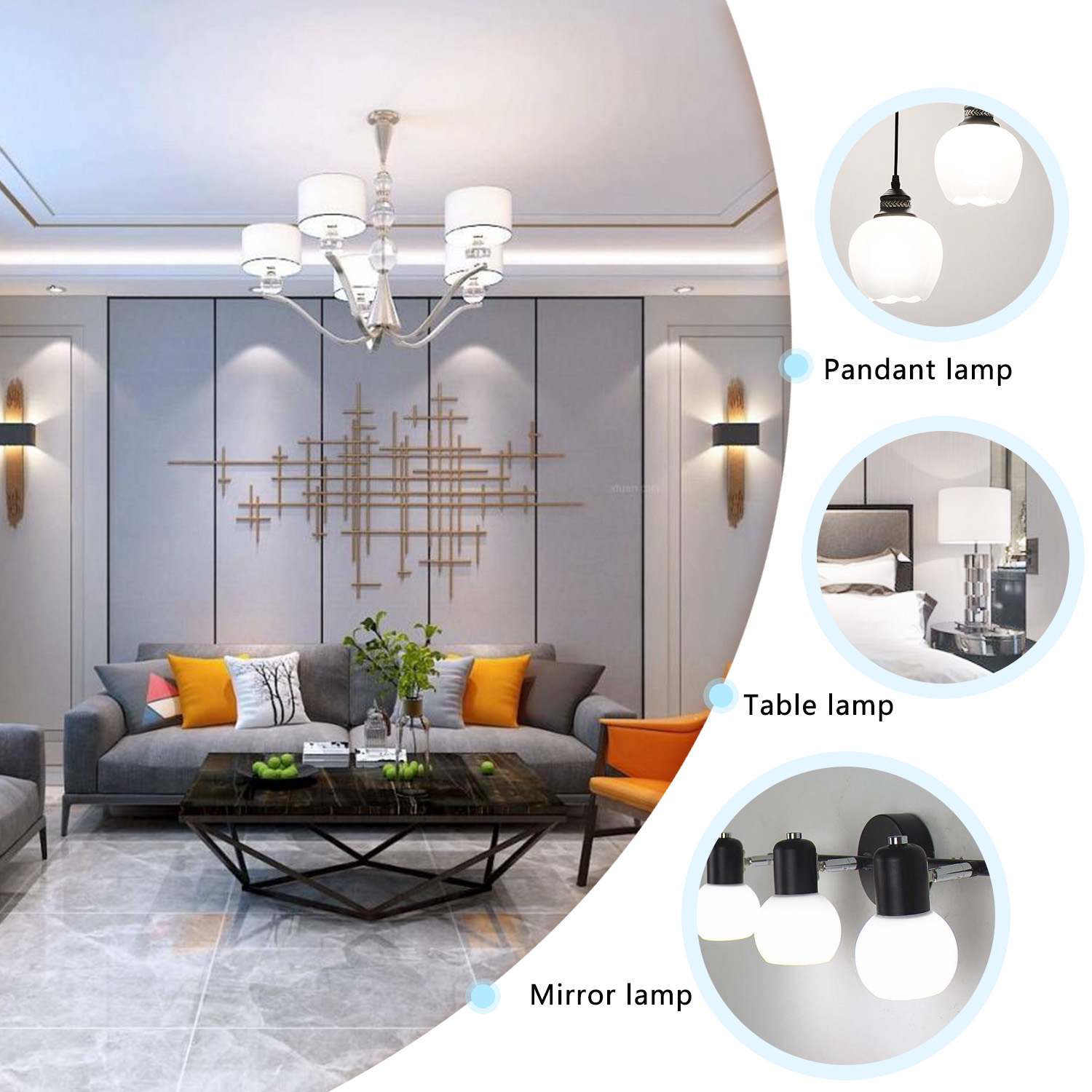 Nowoczesny salon z różnymi lampami, sofą i dziełami sztuki. Wnętrze jest eleganckie.