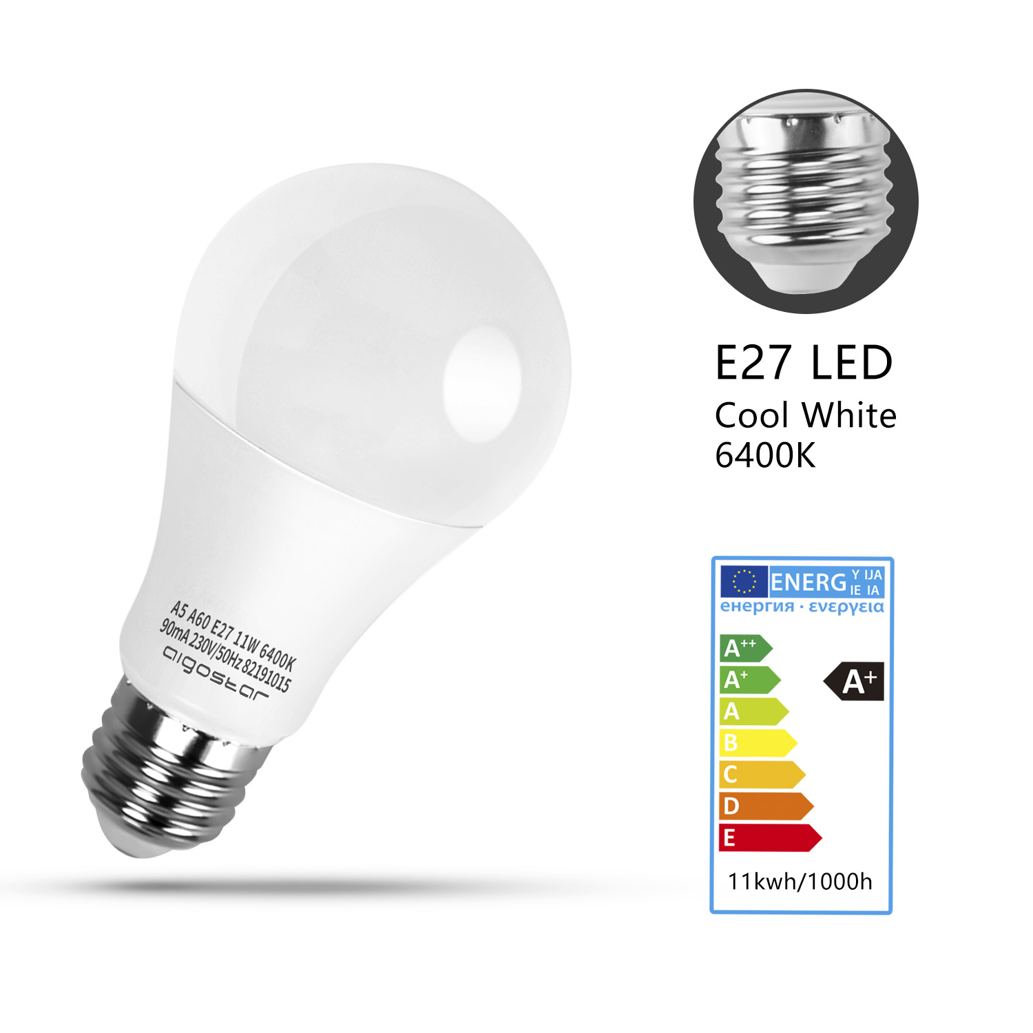 Una lampadina LED E27 bianca con etichetta energetica e specifiche tecniche.