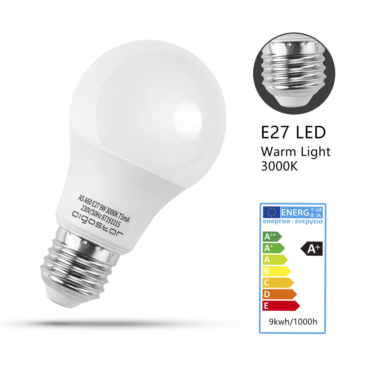 Lampadina LED bianca con base argentata, etichetta energetica e testo.