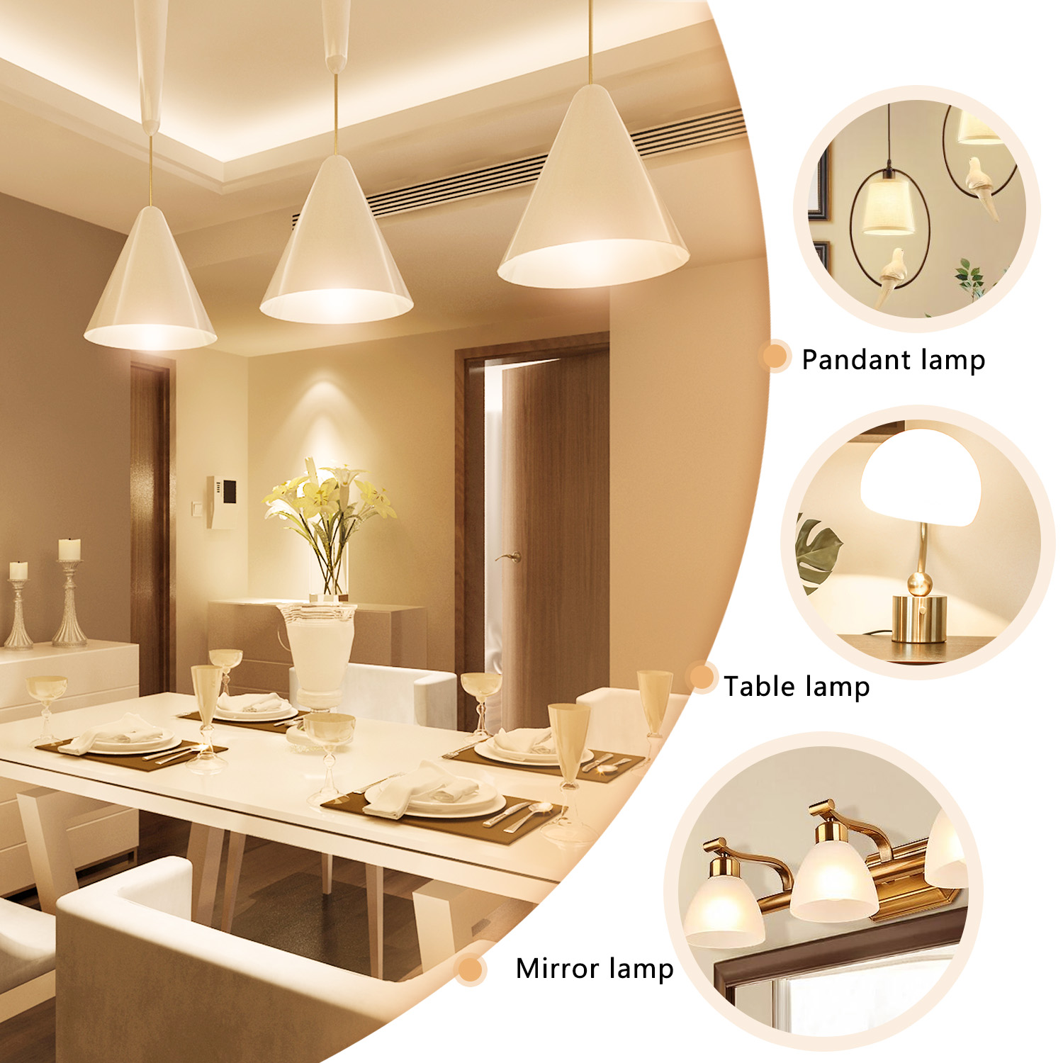 Sala da pranzo con tavolo bianco apparecchiato, lampade a sospensione, da tavolo e specchio.