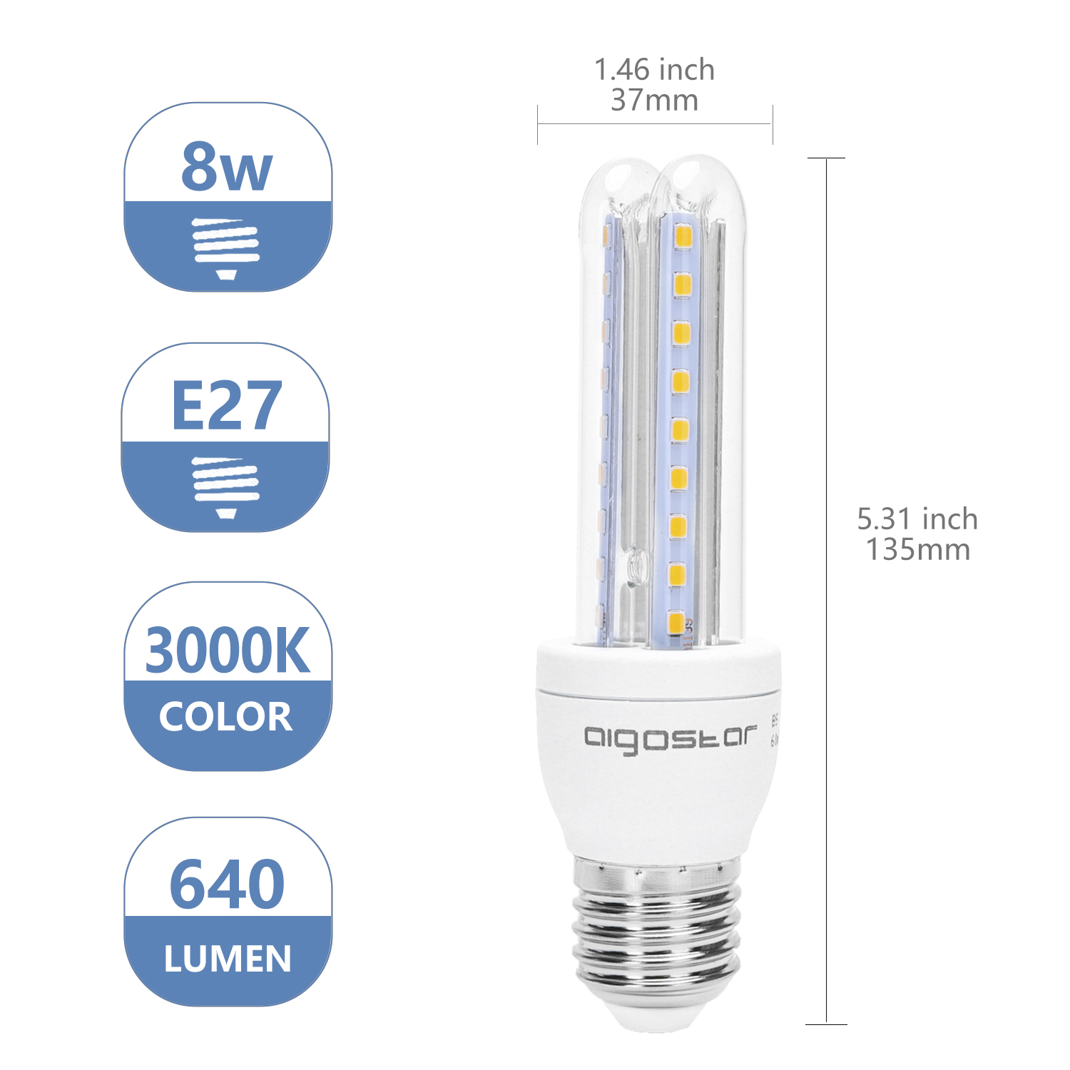 Lampadina LED 8W, attacco E27, 3000K, 640 lumen, altezza 135mm.